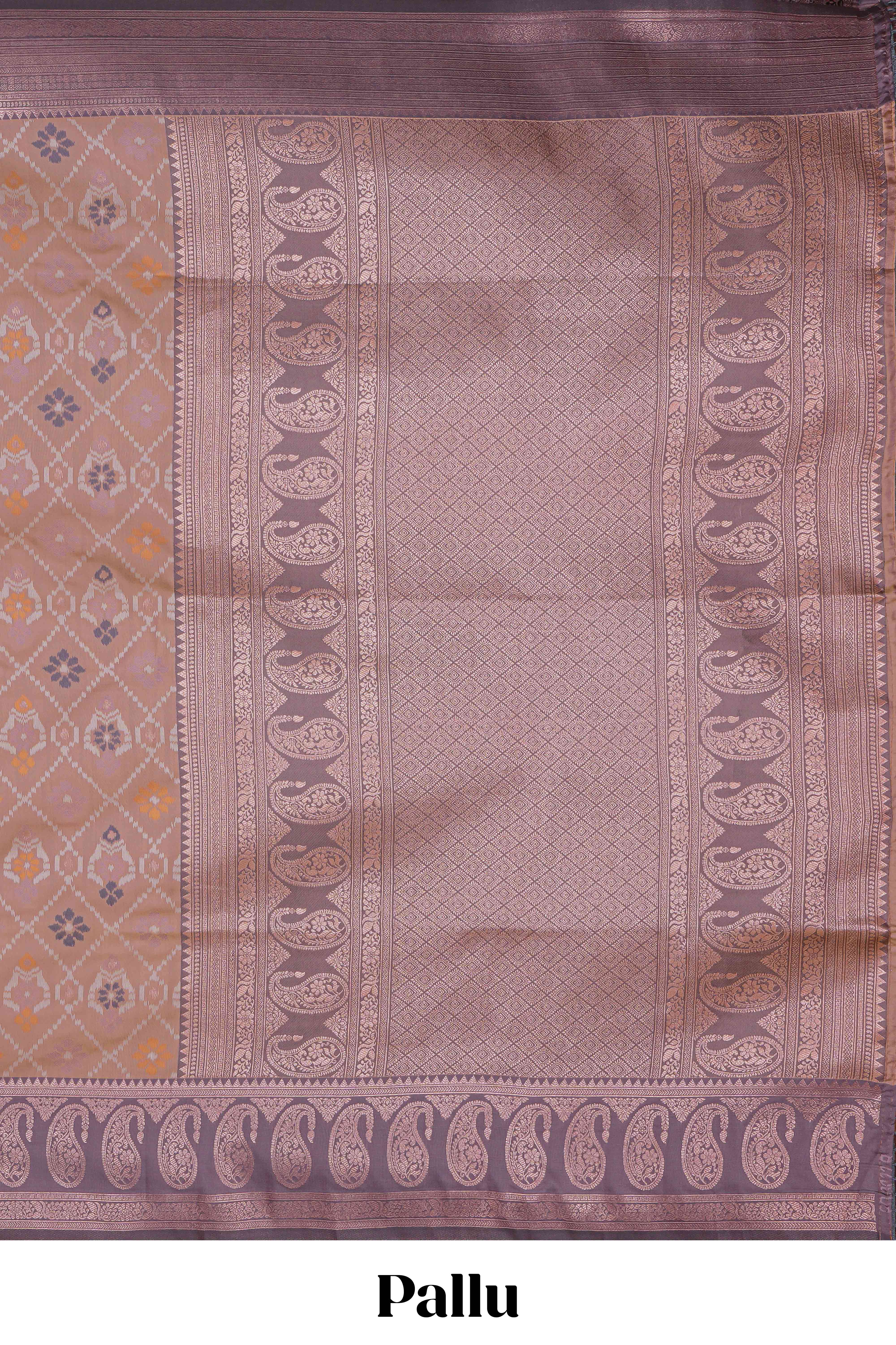 Pastel peach floral design zari motifs ikkat cotton saree with contrast zari design border and zari floral motifs blouse