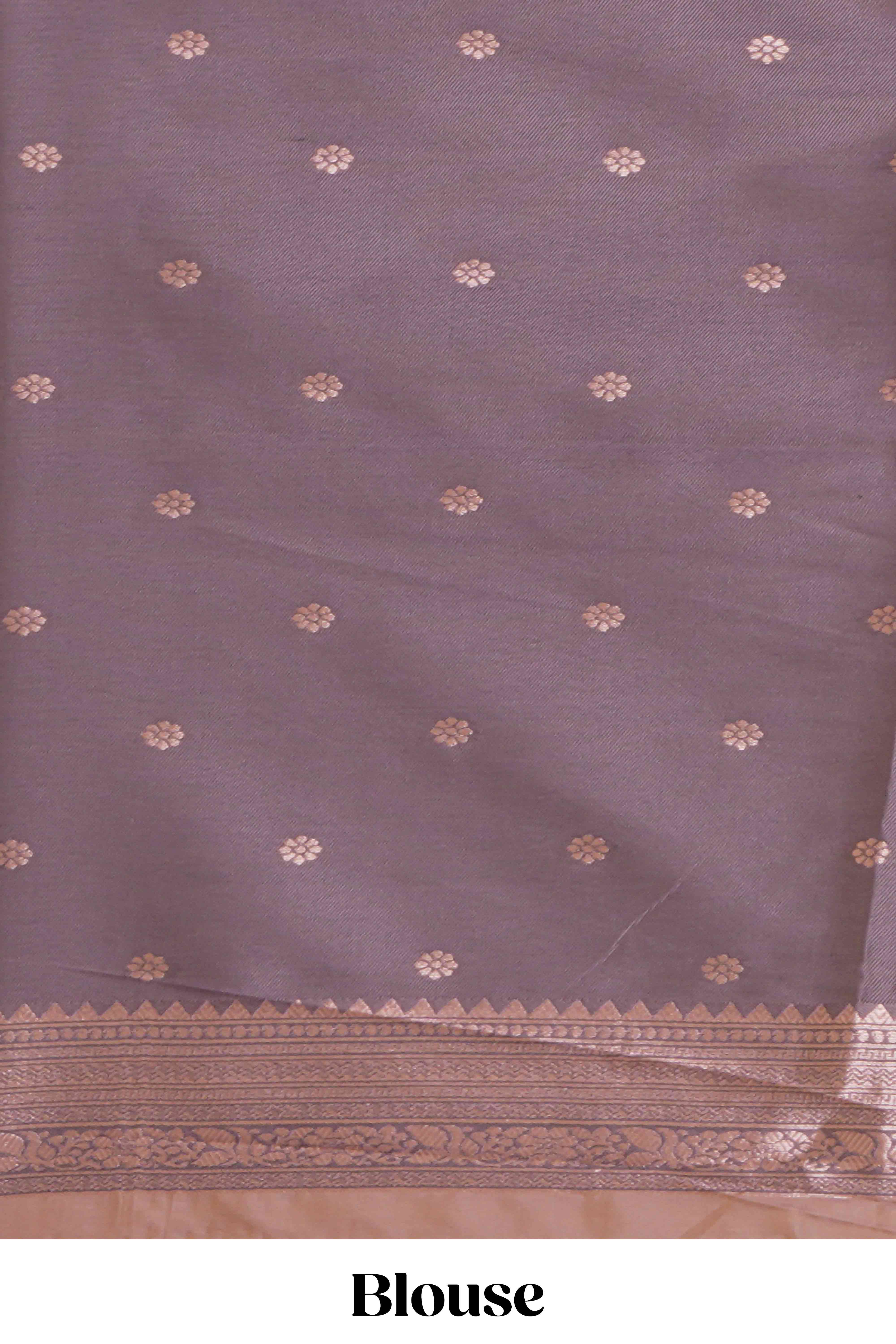 Pastel peach floral design zari motifs ikkat cotton saree with contrast zari design border and zari floral motifs blouse