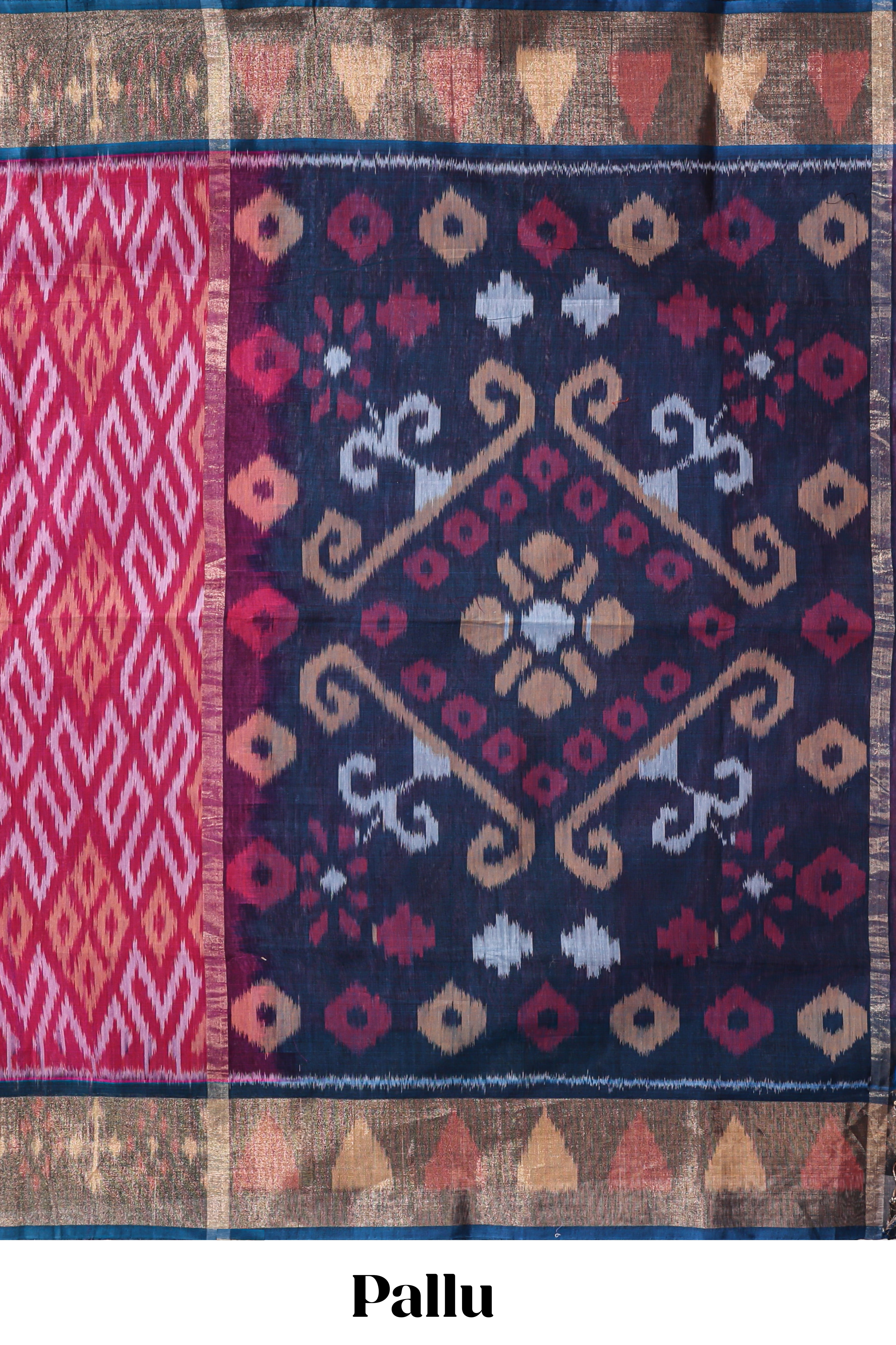 Pink ikkat style motifs design ikkat cotton saree with contrast zari design border and plain blouse