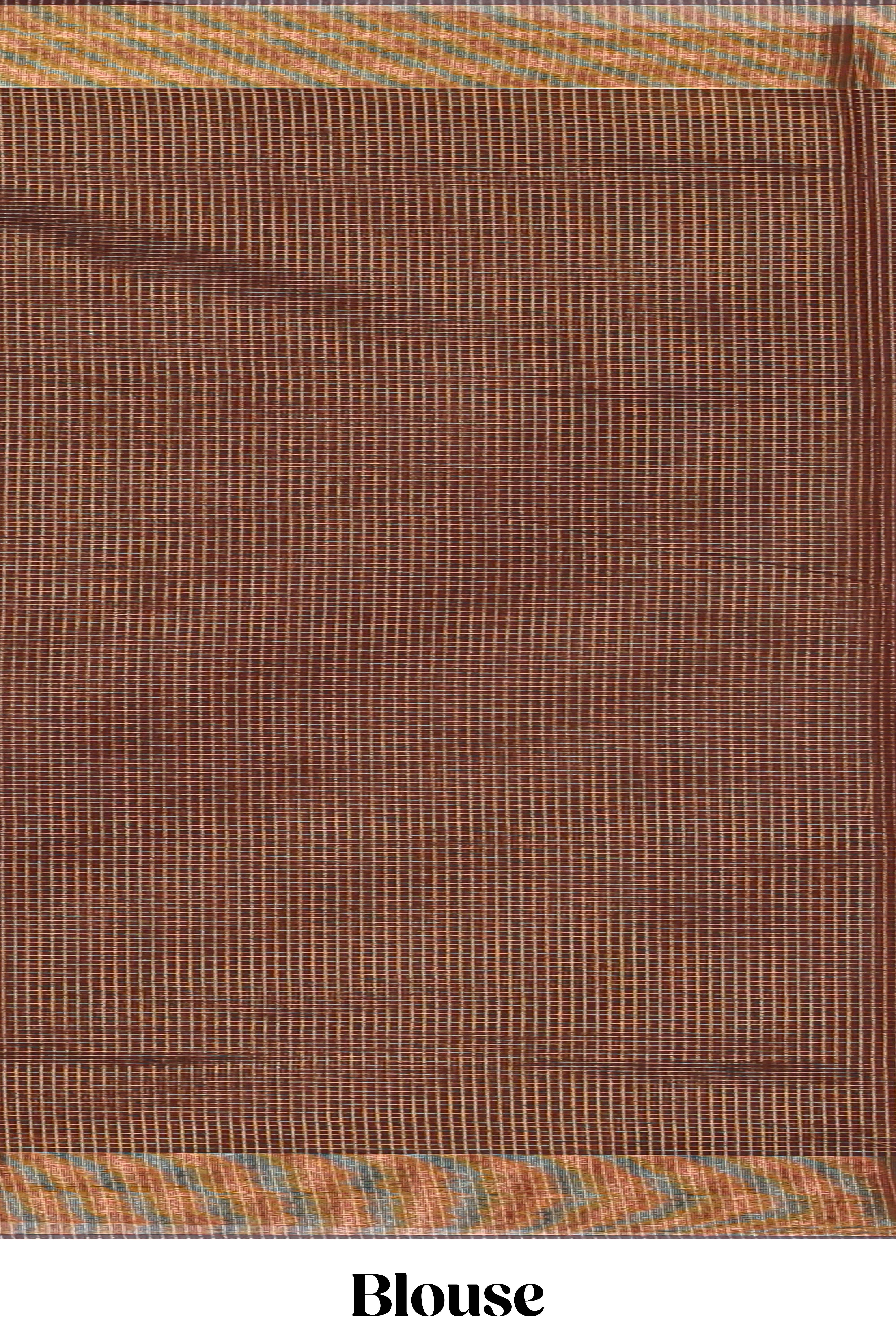 Brown shade checked ikkat cotton saree with self zari border and matching blouse