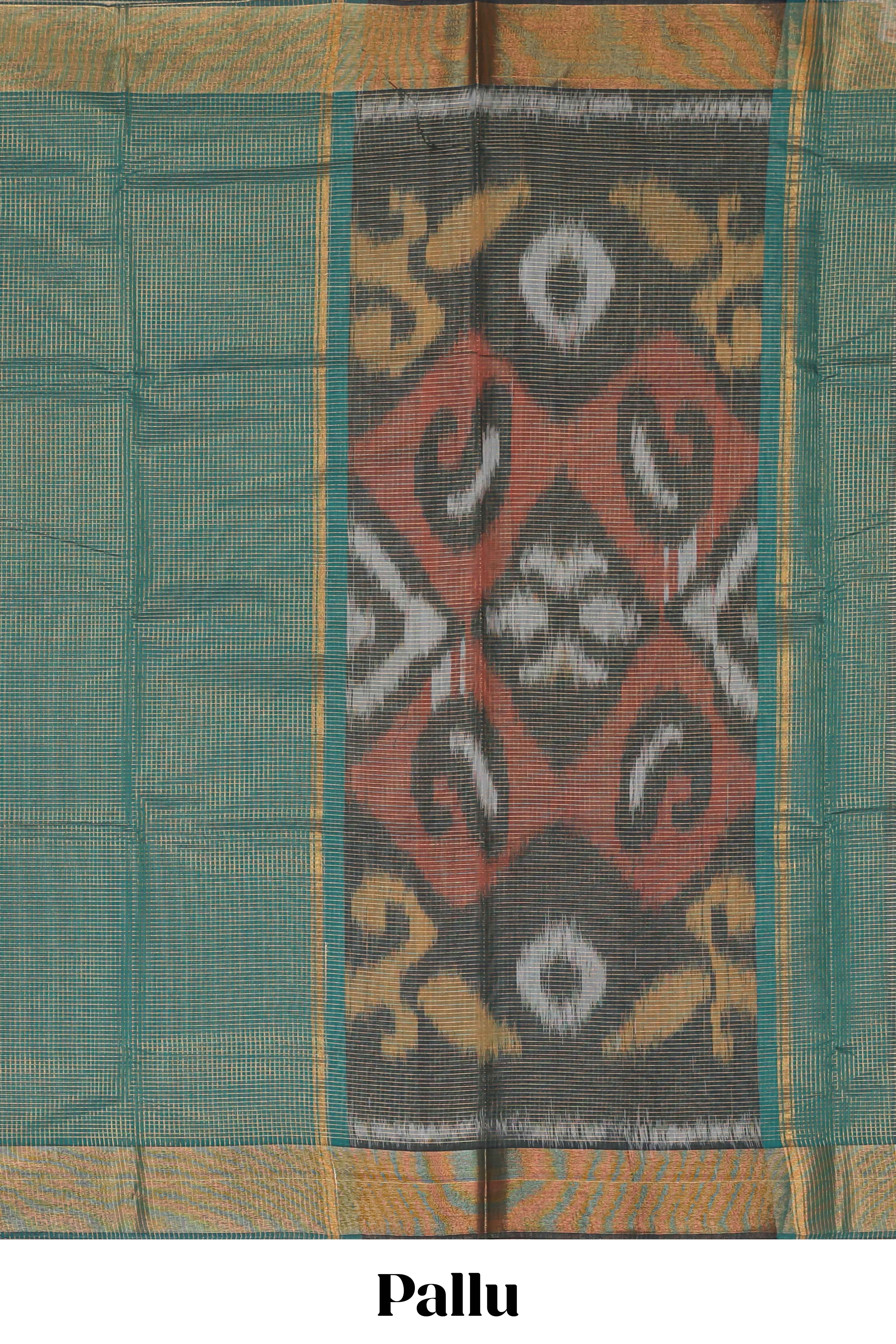 Green checked pure ikkat cotton saree with self zari border and matching blouse featuring beautifull ikkat design pallu