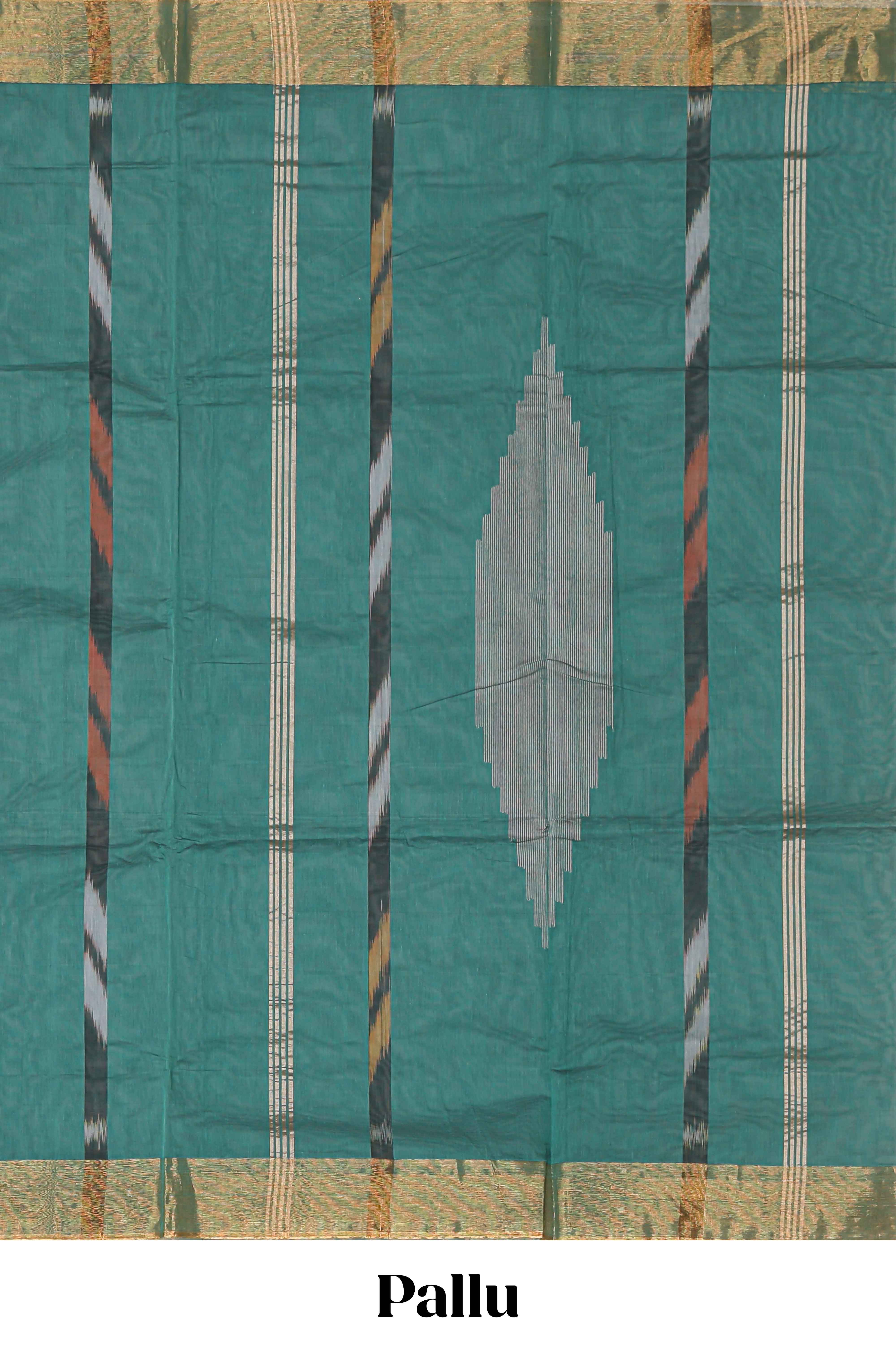 Teal green ikkat style geometric design pure ikkat cotton saree with self zari border and matching blouse comes with beautifull ikkat design pallu
