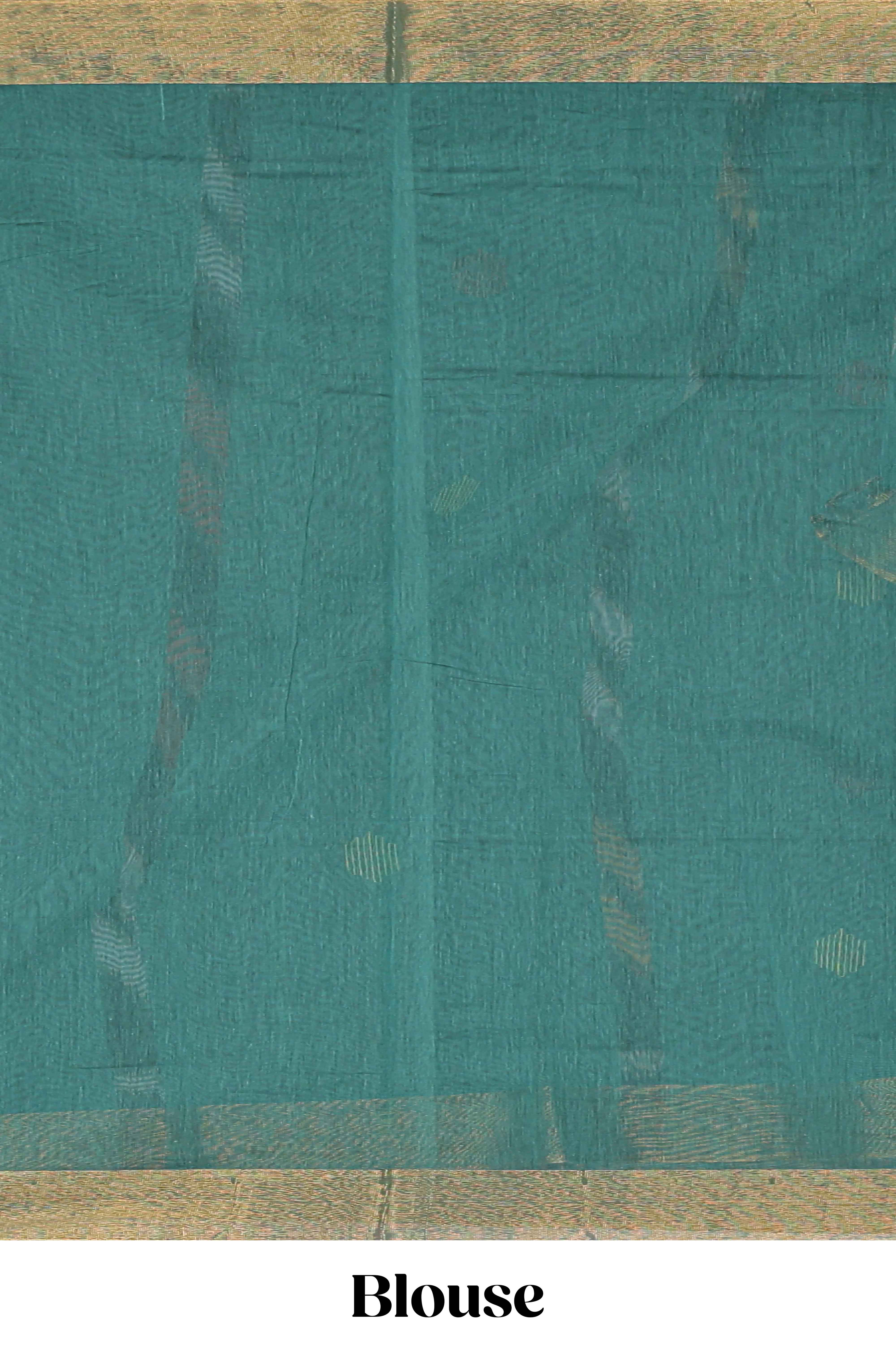 Teal green ikkat style geometric design pure ikkat cotton saree with self zari border and matching blouse comes with beautifull ikkat design pallu