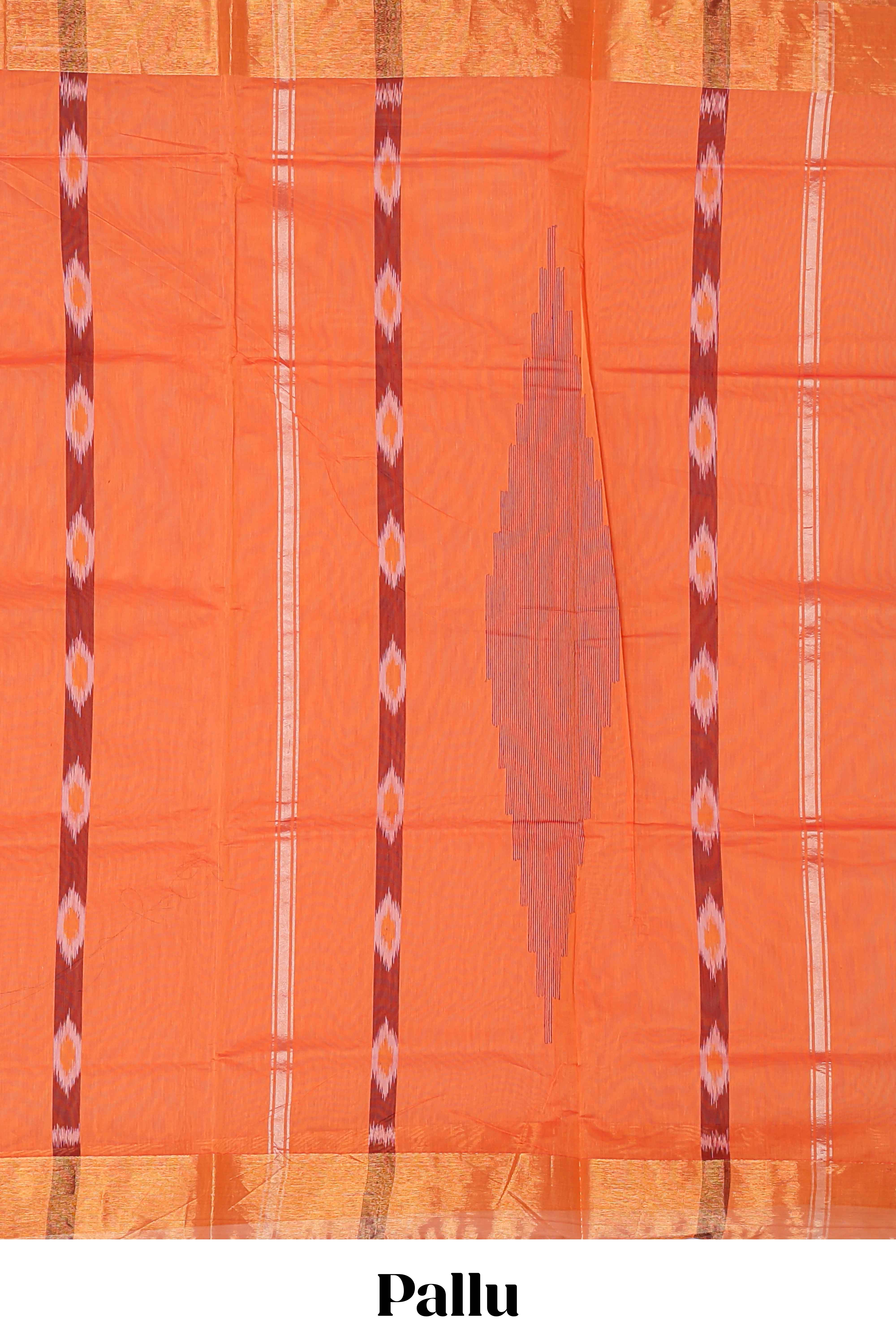 Orange ikkat style geometric design pure ikkat cotton saree with self zari border and matching blouse comes with beautiful ikkat design pallu