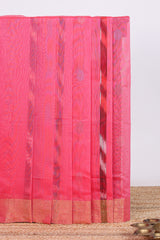 Pink motif designs ikkat cotton saree with contrast zari border and plain blouse