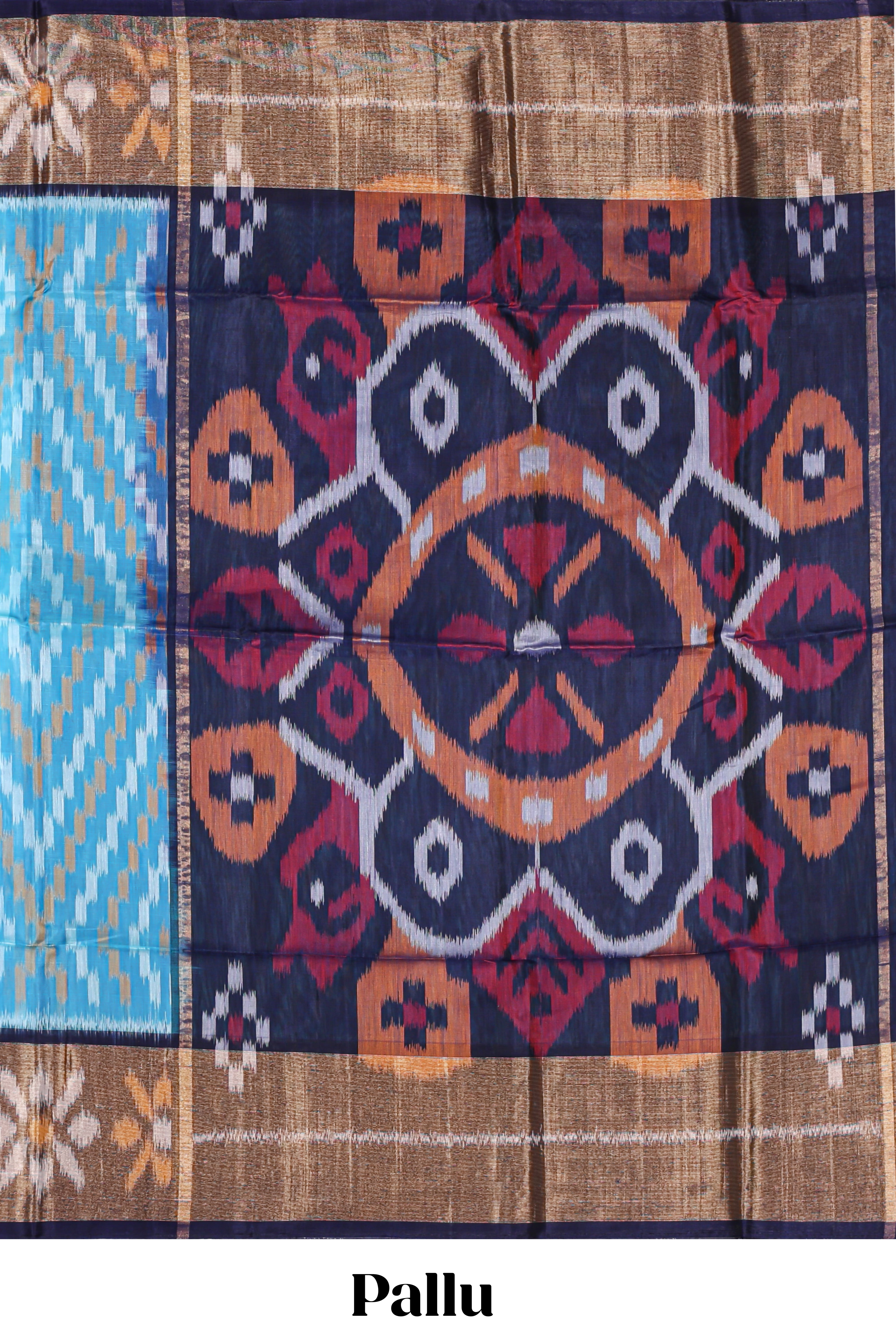 Blue ikkat design cotton saree with contrast zari border and plain blouse