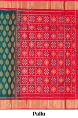 Midnight green motifs design ikkat cotton saree with contrast border and blouse