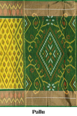 Yellow gemetric designed ikkat cotton saree with contrast border and blouse