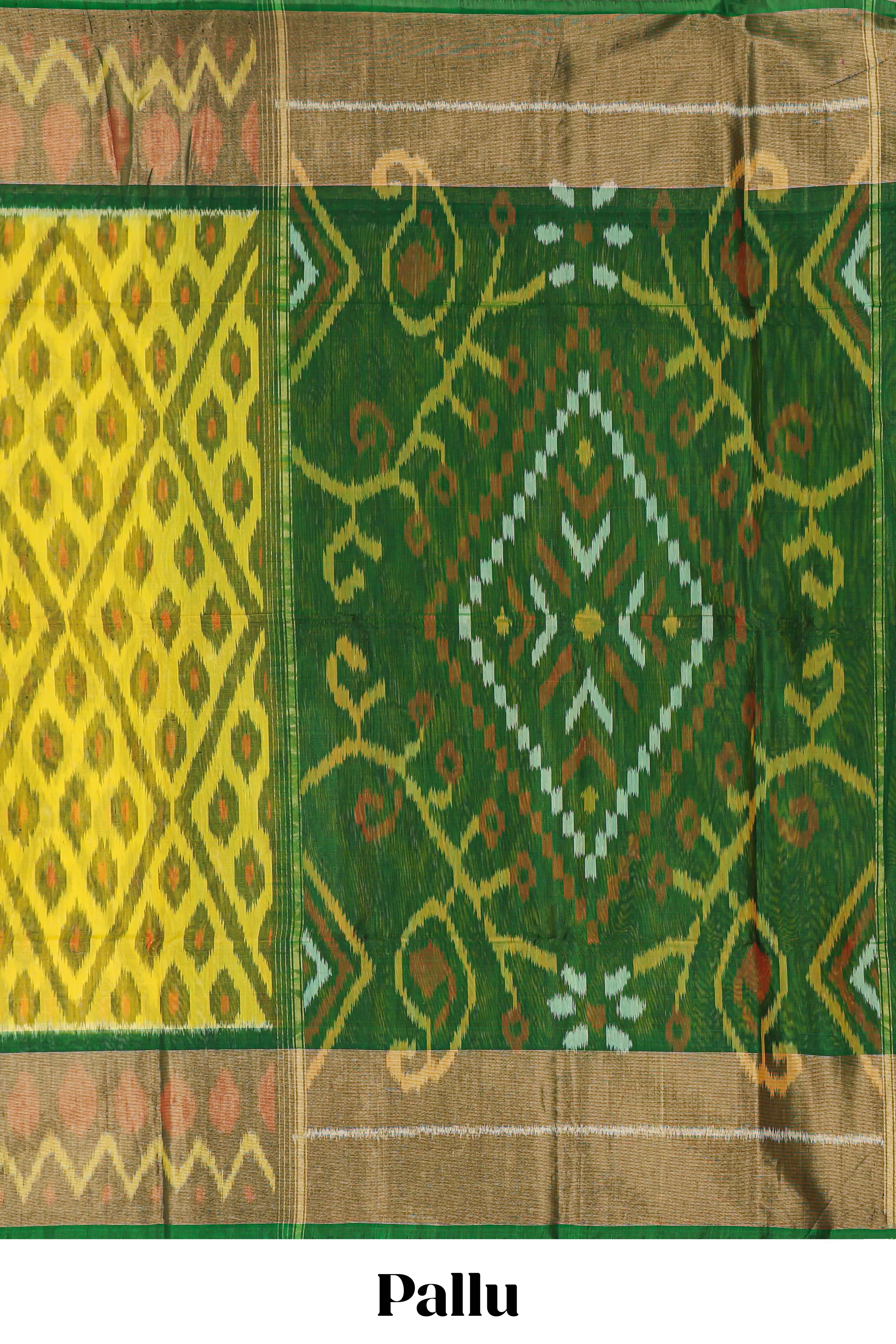 Yellow gemetric designed ikkat cotton saree with contrast border and blouse