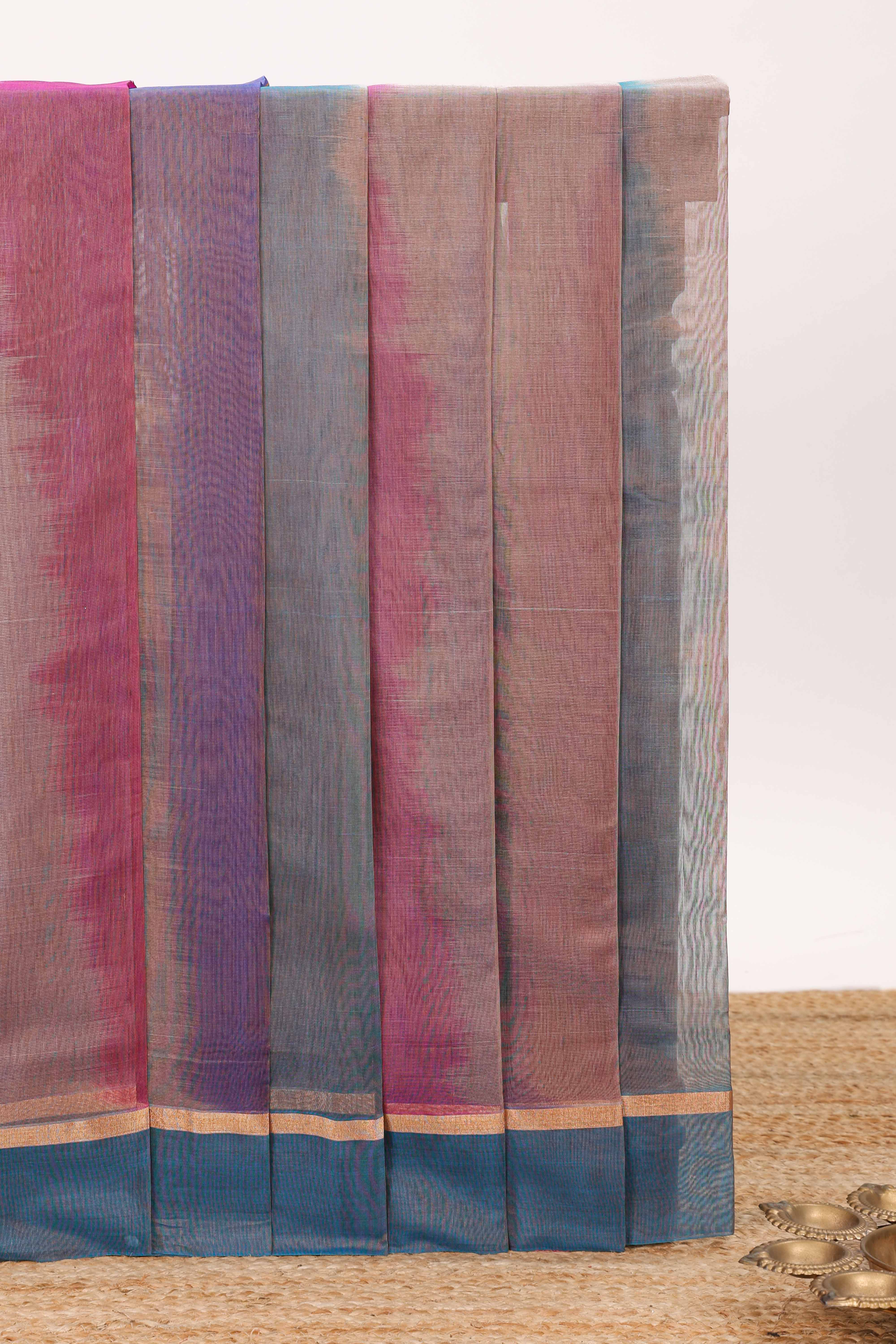 Mauve striped shades plain design ikkat cotton saree with self zari pallu and matching blouse