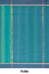 Teal blue striped shades plain design ikkat cotton saree with self zari pallu and matching blouse