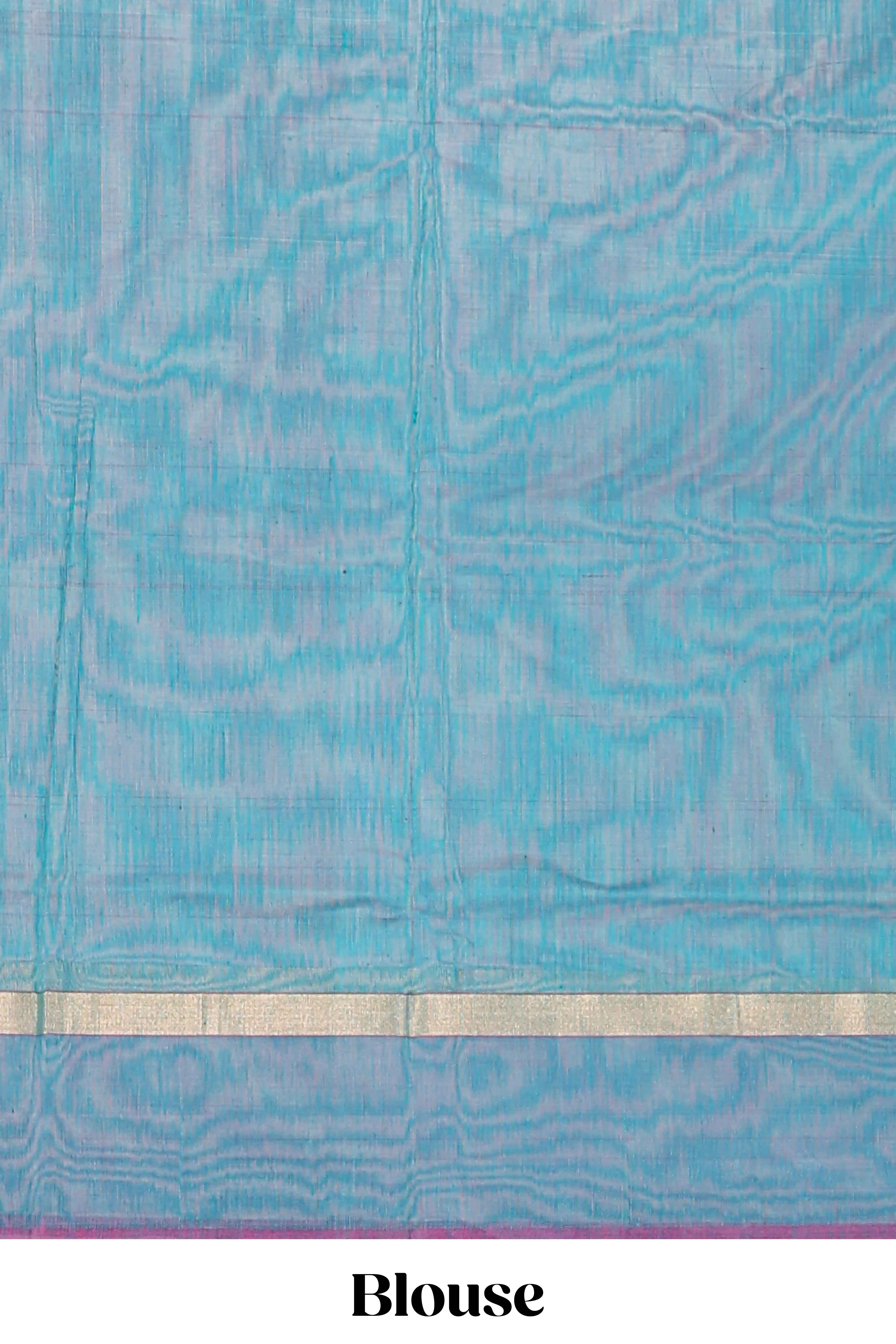 Teal blue striped shades plain design ikkat cotton saree with self zari pallu and matching blouse