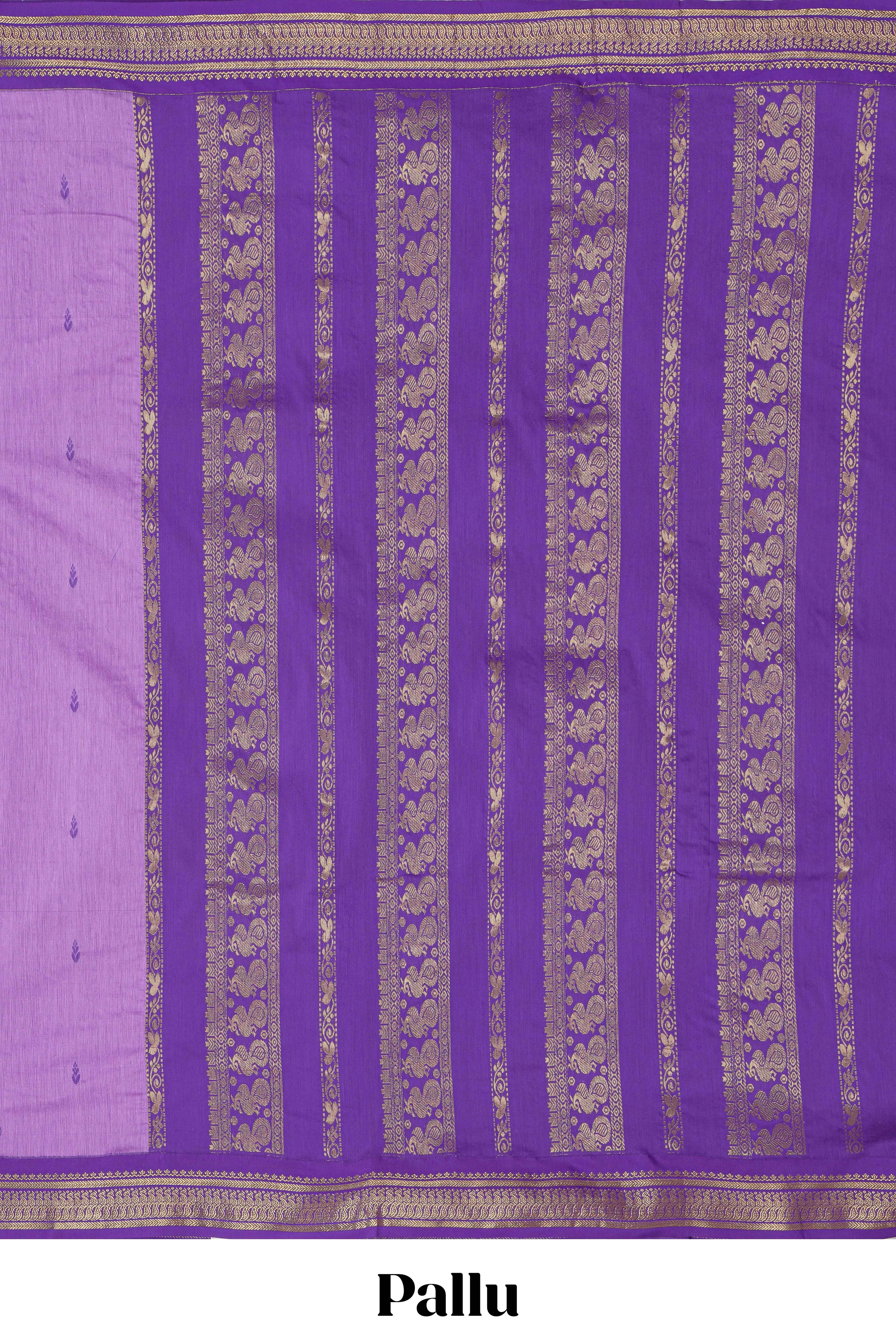 Lavender motifs design kalyani cotton saree with contrast border and striped pattern pallu