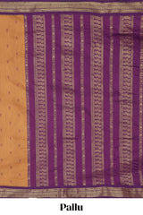 Orange motifs design kalyani cotton saree with contrast border and striped pattern pallu