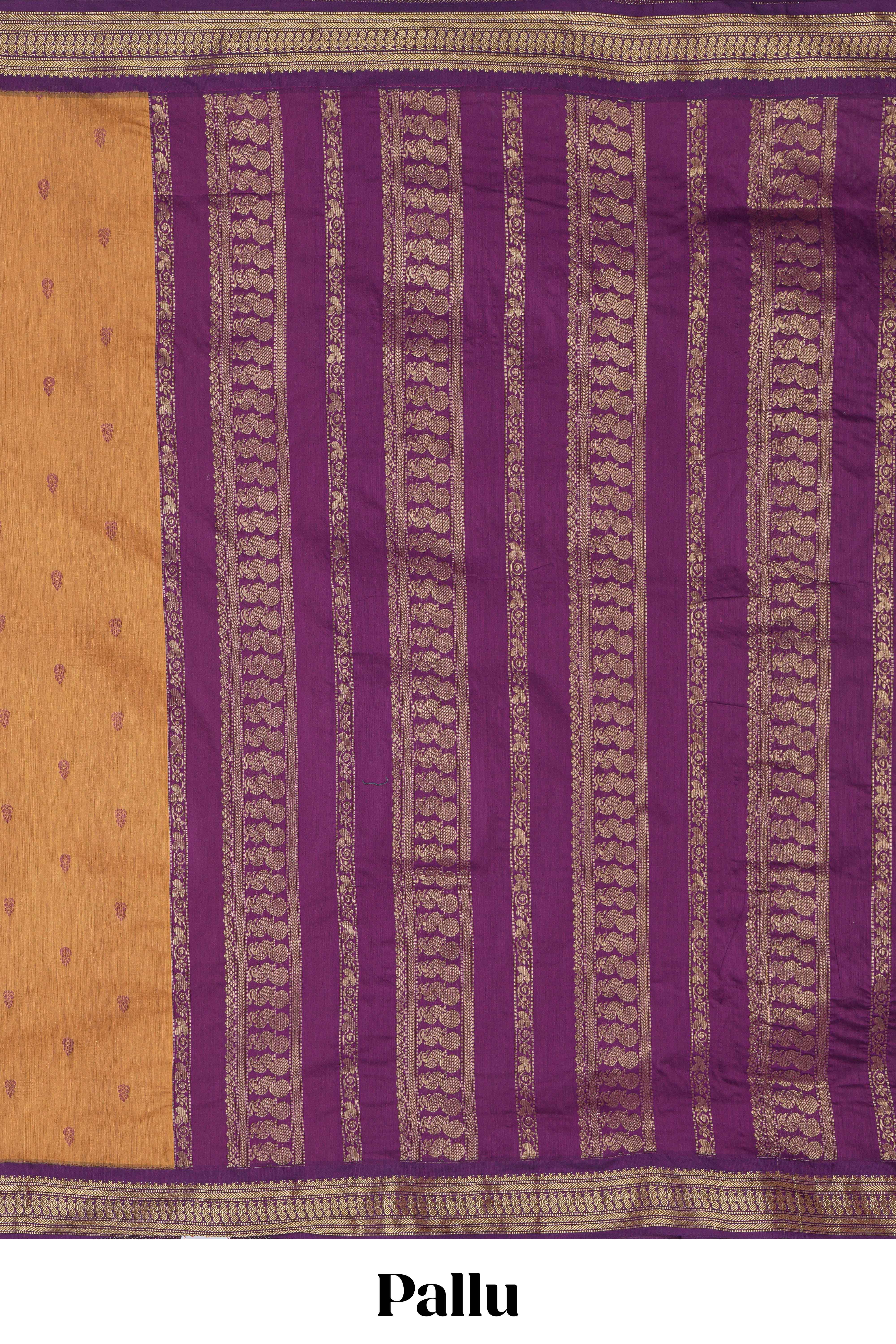 Orange motifs design kalyani cotton saree with contrast border and striped pattern pallu