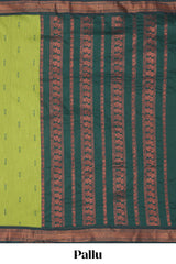 Green motifs design kalyani cotton saree with contrast border and striped pattern pallu