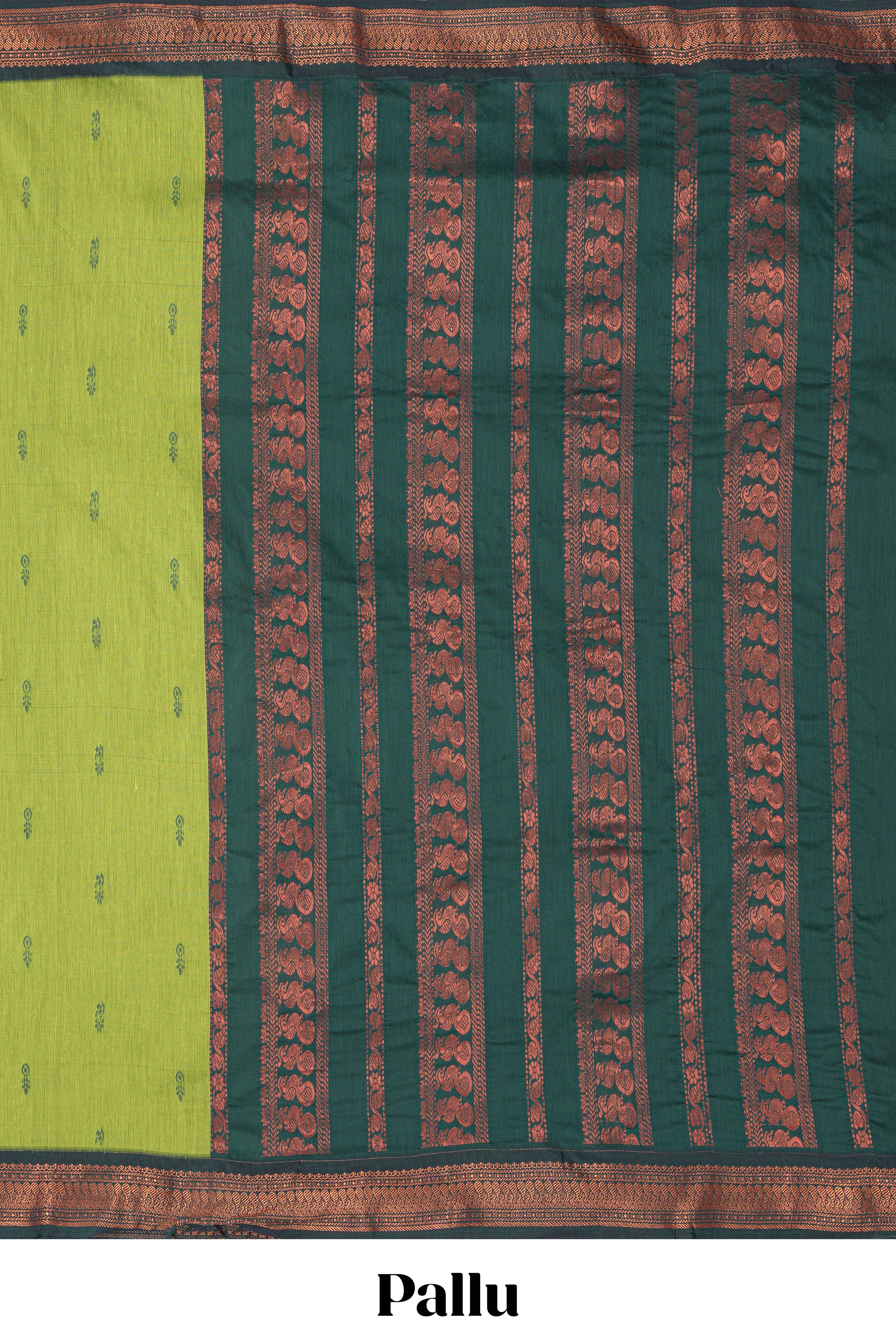 Green motifs design kalyani cotton saree with contrast border and striped pattern pallu