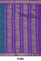 Blue motifs design kalyani cotton saree with contrast border and striped pattern pallu