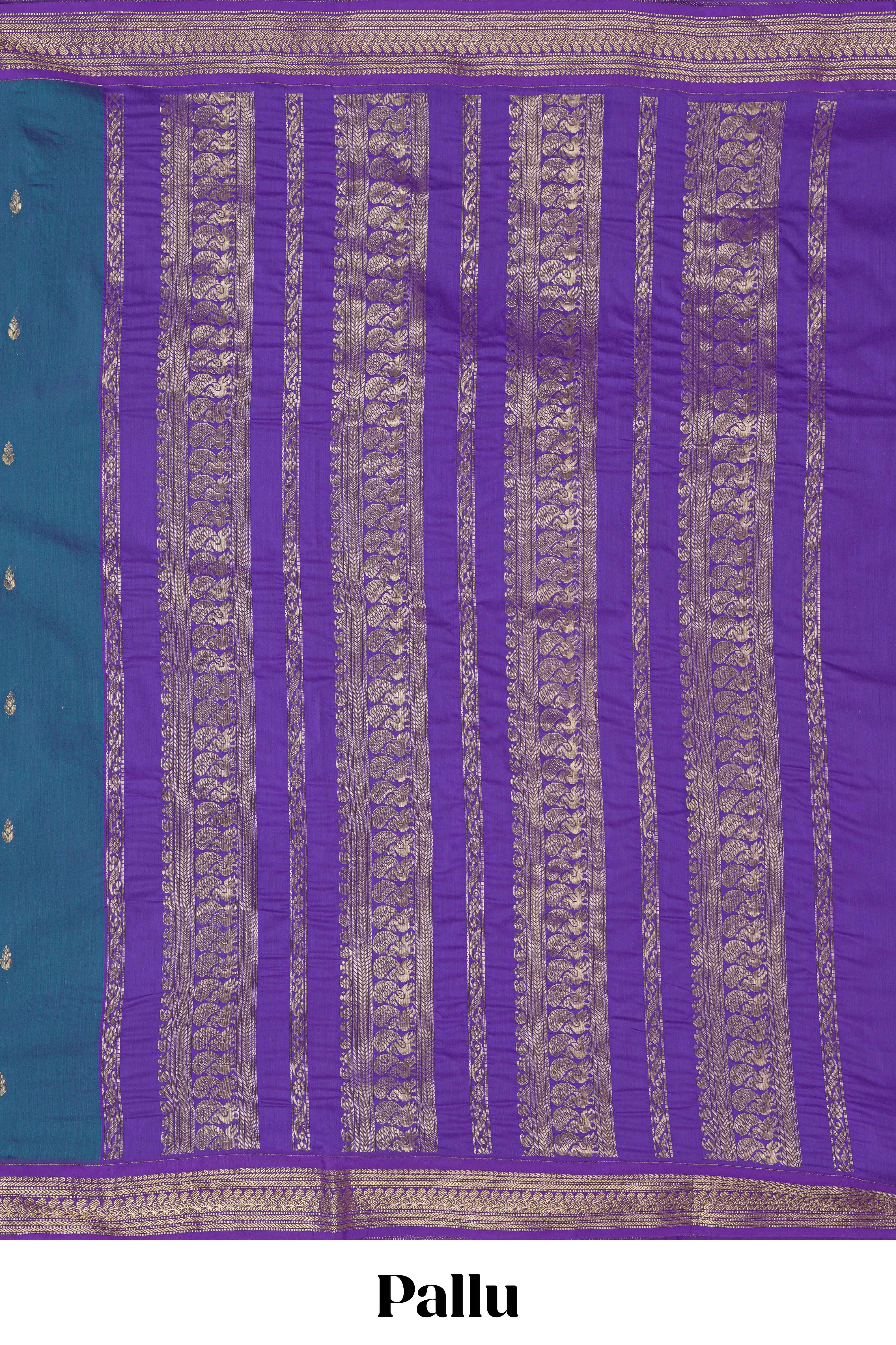 Blue motifs design kalyani cotton saree with contrast border and striped pattern pallu