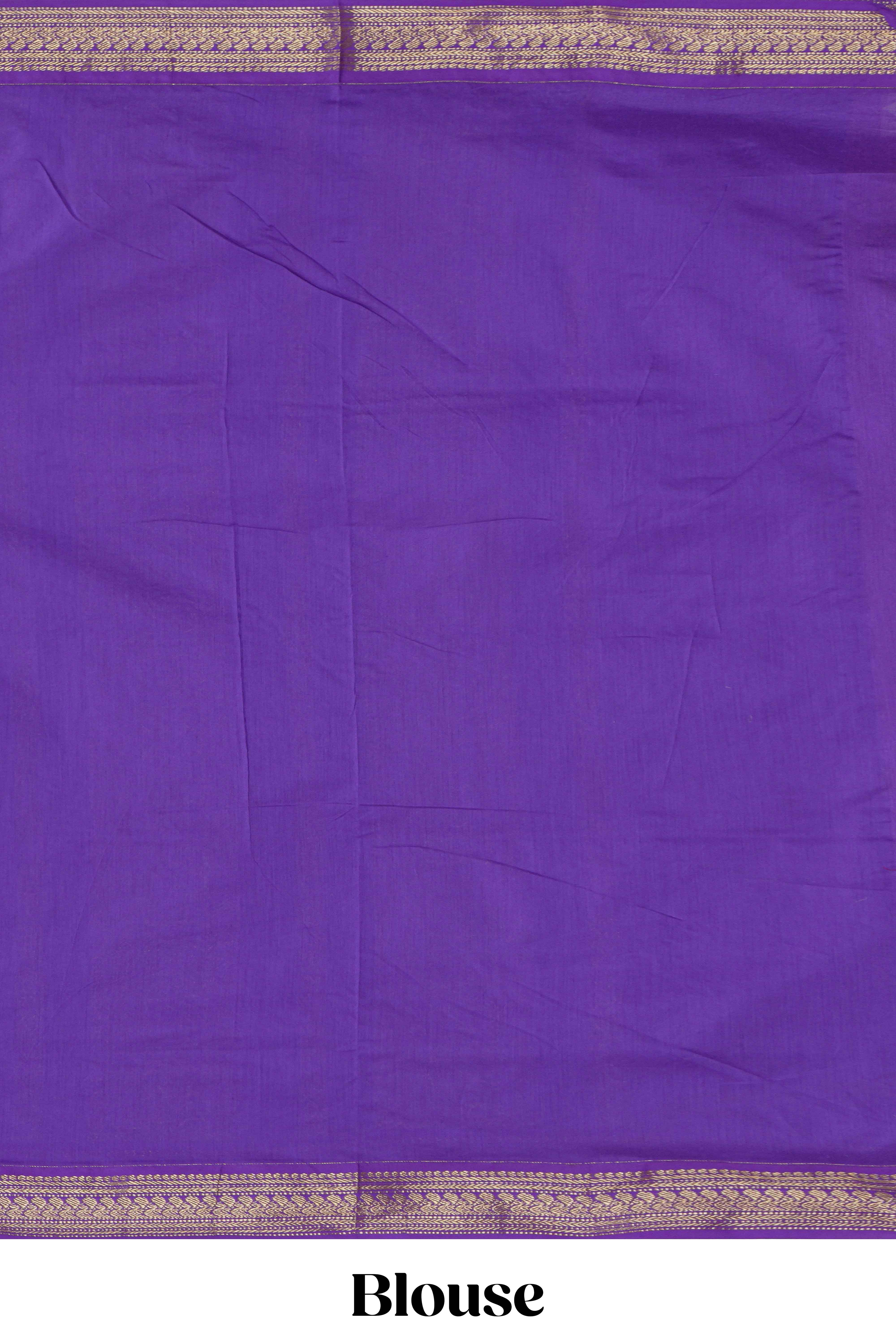 Blue motifs design kalyani cotton saree with contrast border and striped pattern pallu