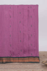 Purple motifs design kalyani cotton saree with contrast border and striped pattern pallu