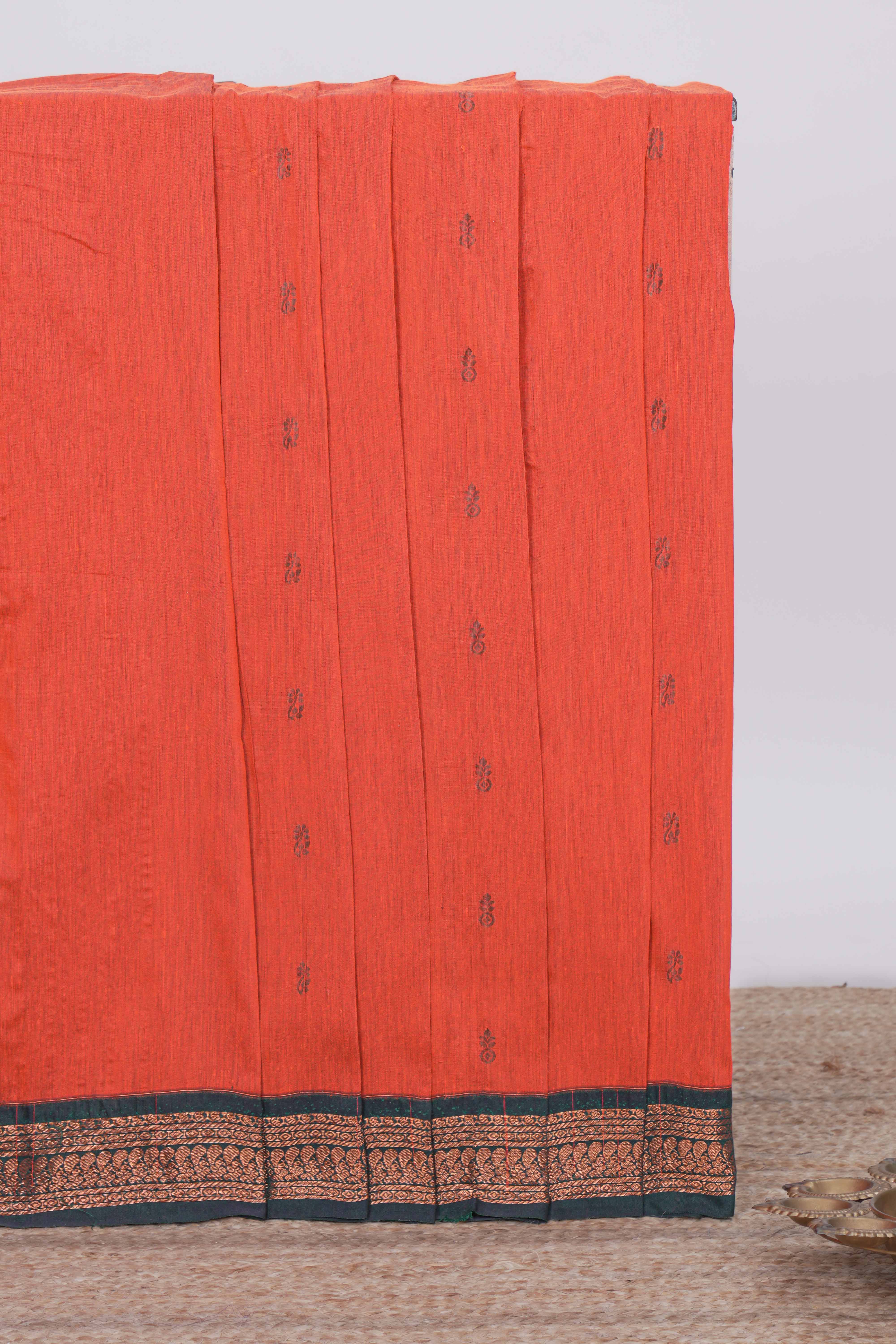 Orange motifs design kalyani cotton saree with contrast border and striped pattern pallu