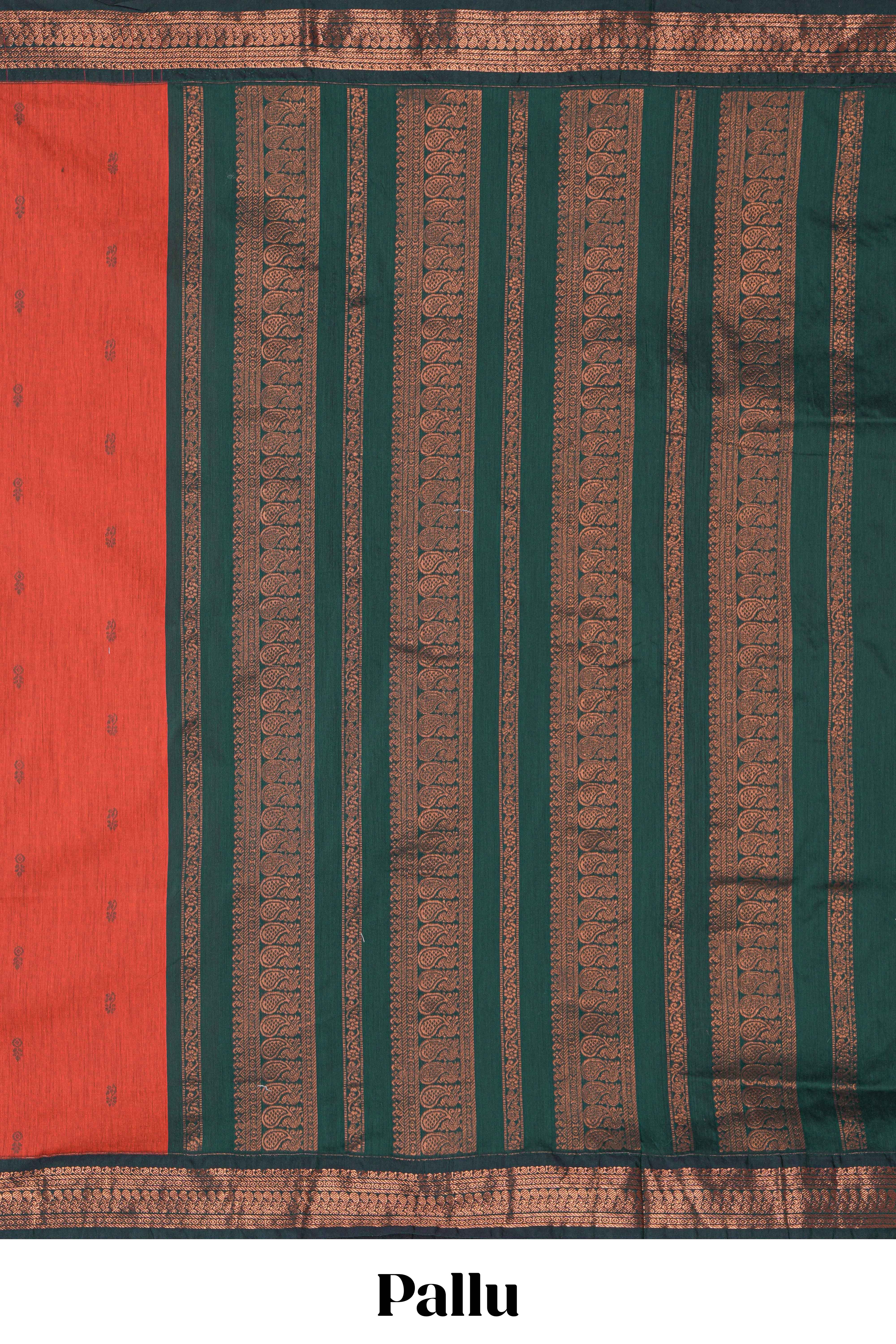 Orange motifs design kalyani cotton saree with contrast border and striped pattern pallu