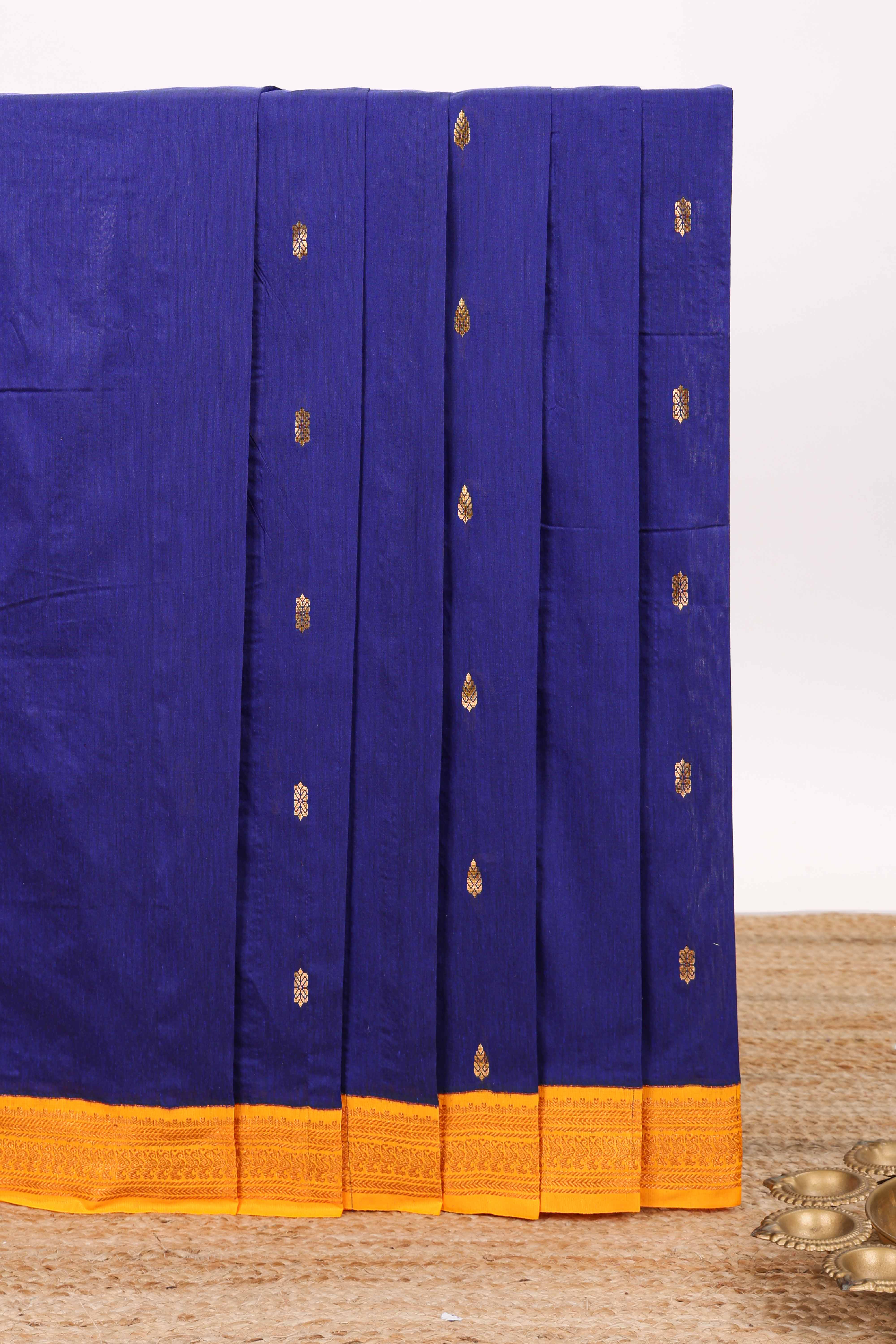 Dark blue butta designed kalyani cotton saree with contrast border and zari designed pallu with plain blouse