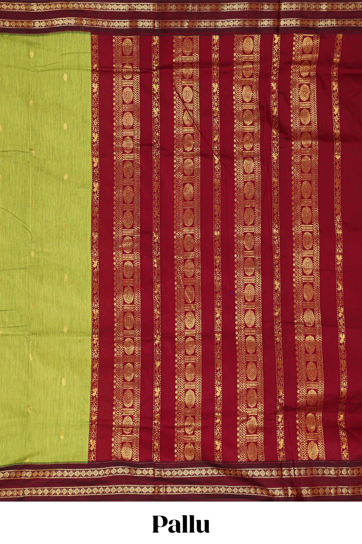 Green butta designed kalyani cotton saree with contrast border and zari designed pallu with plain blouse