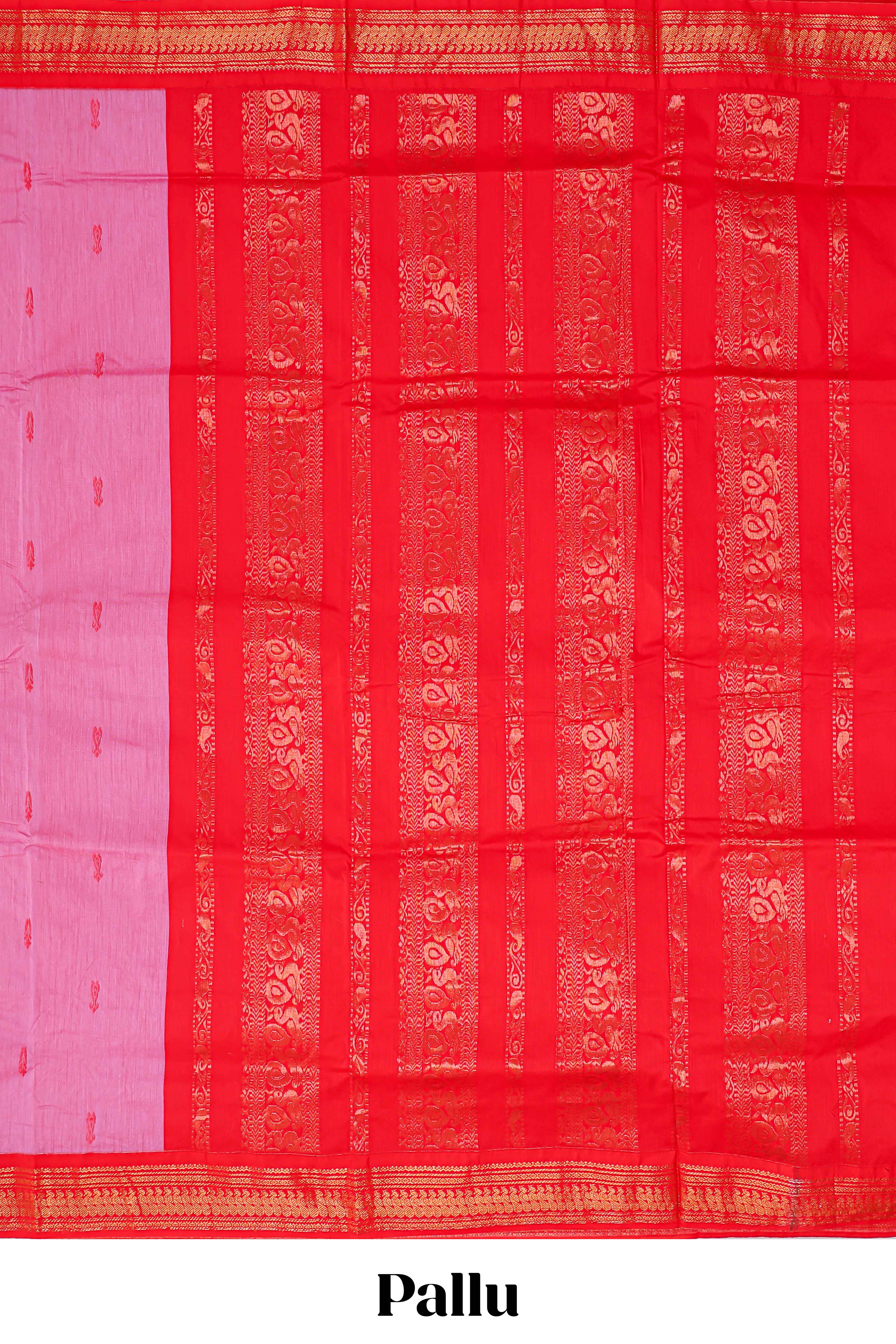 Pink butta designed kalyani cotton saree with contrast border and zari designed pallu with plain blouse