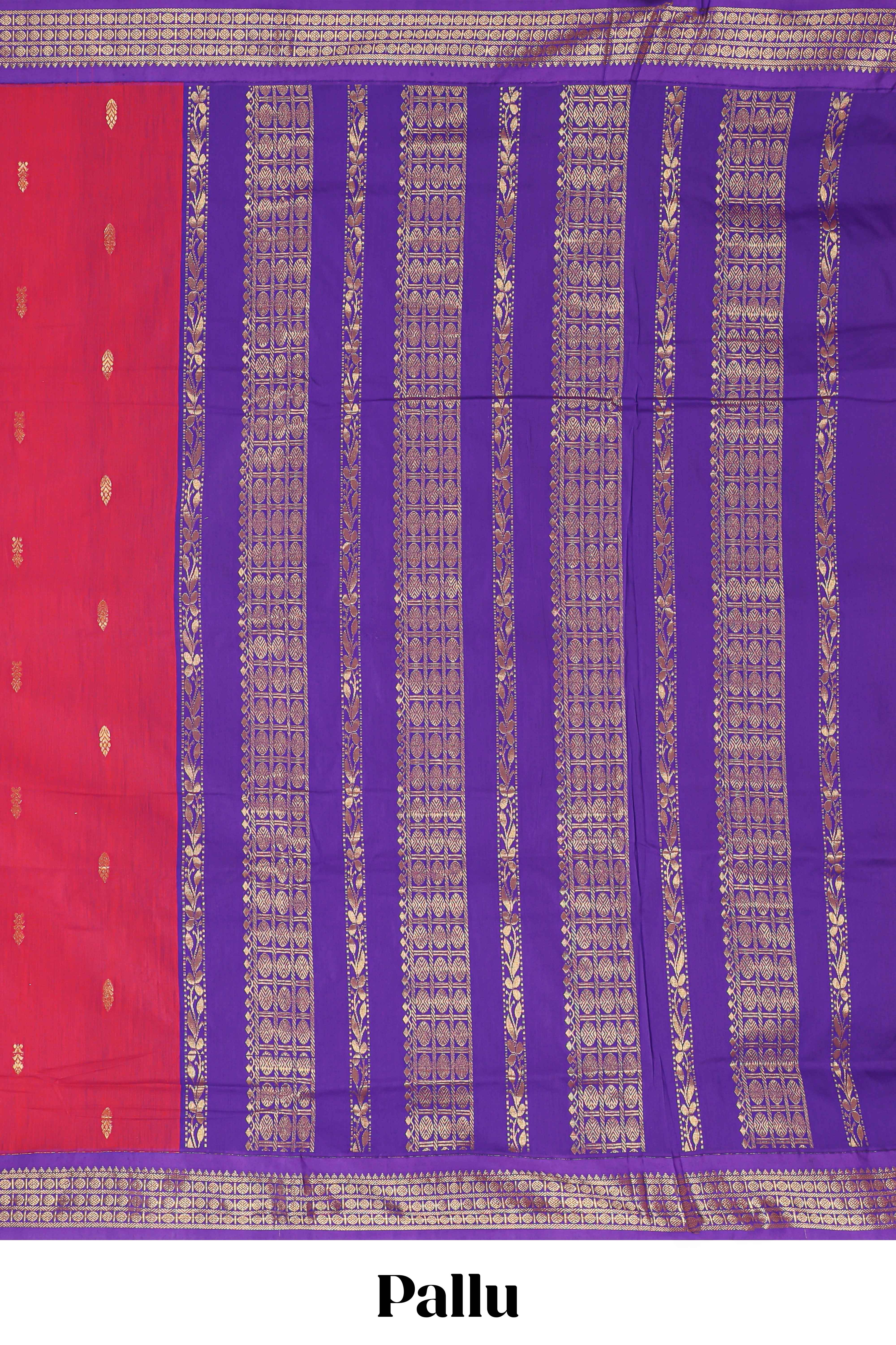 Rani pink butta designed kalyani cotton saree with contrast border and plain blouse
