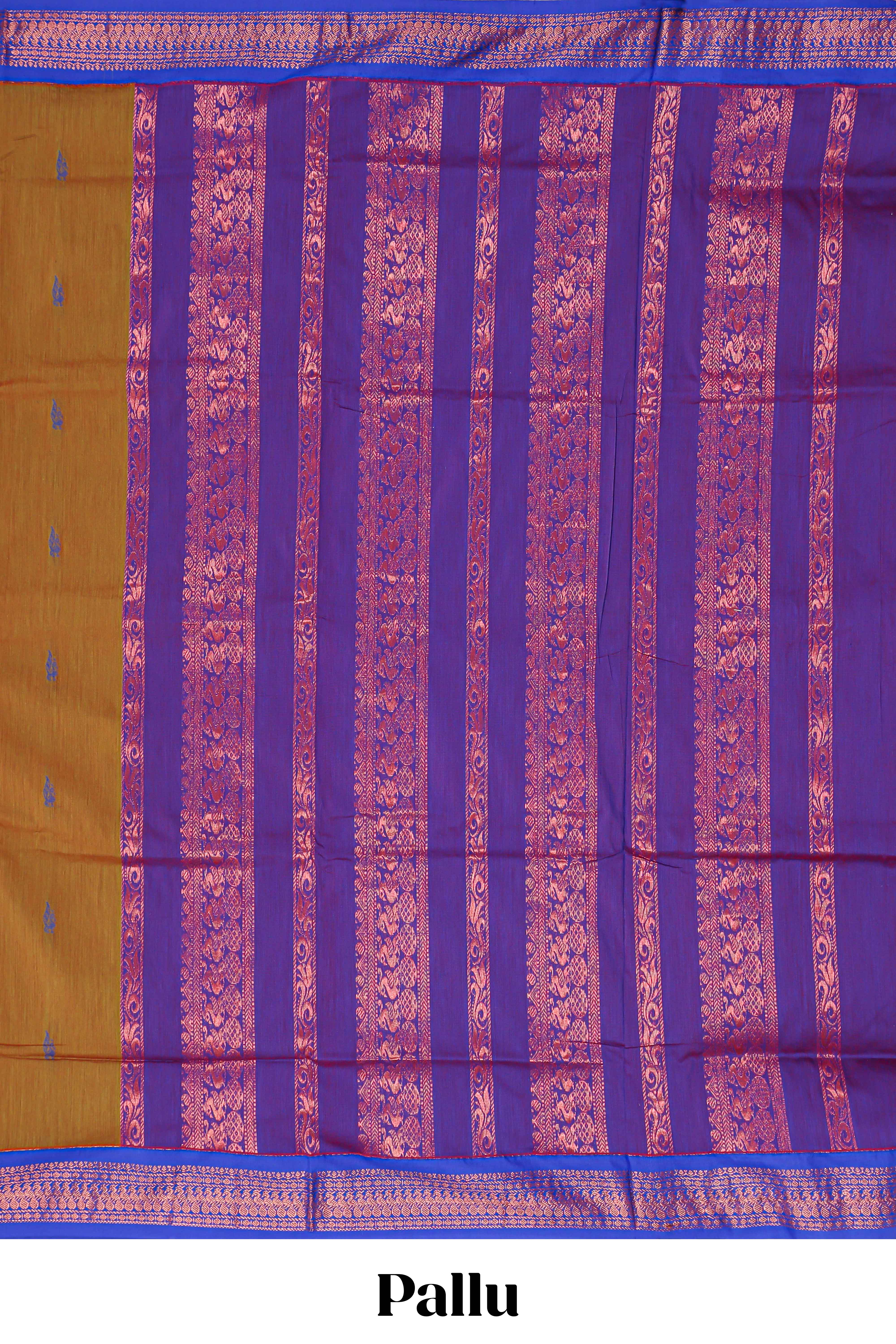 Mustard brown butta designed kalyani cotton saree with contrast border and plain blouse