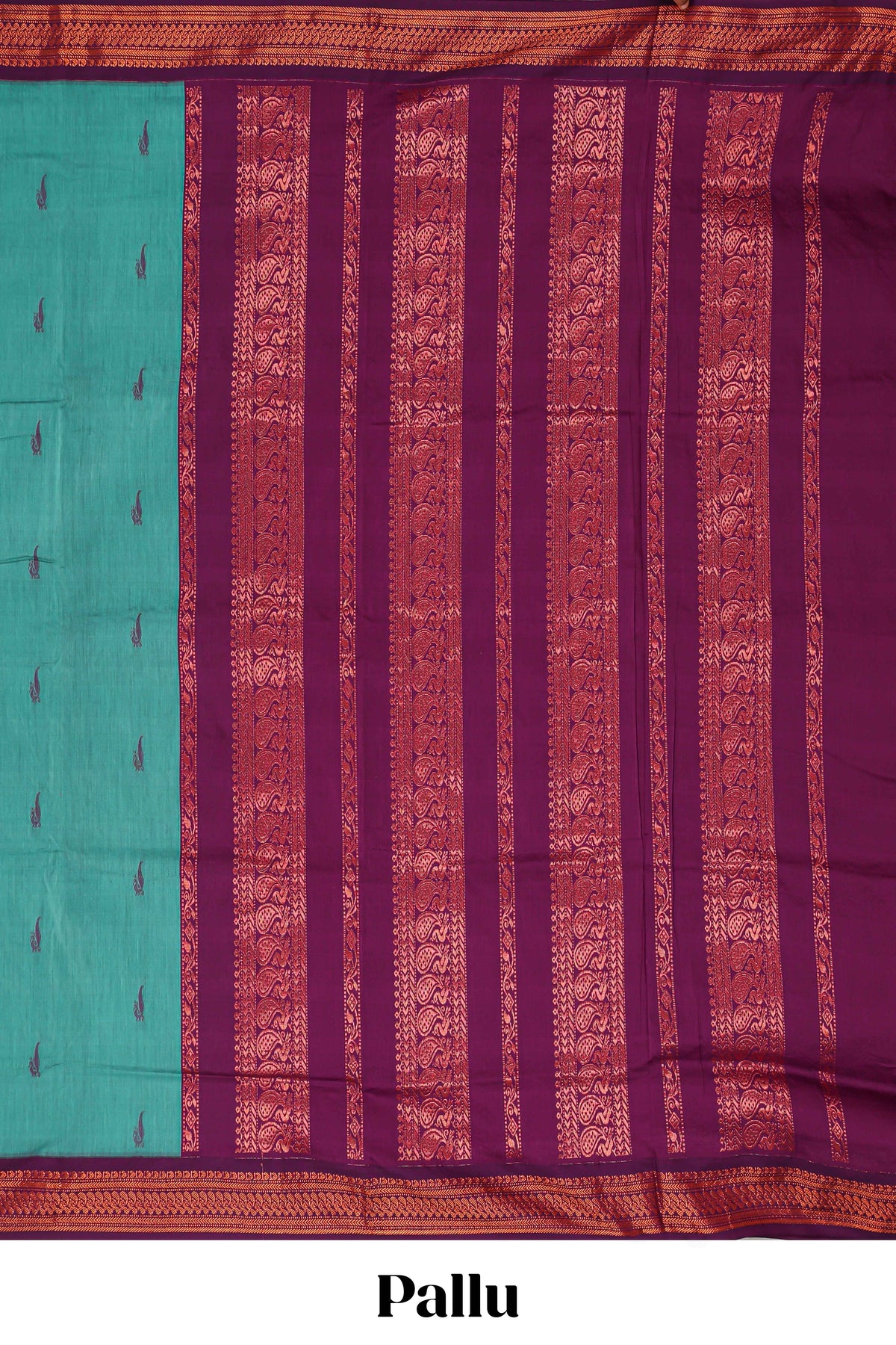 Teal blue butta designed kalyani cotton saree with contrast border and plain blouse