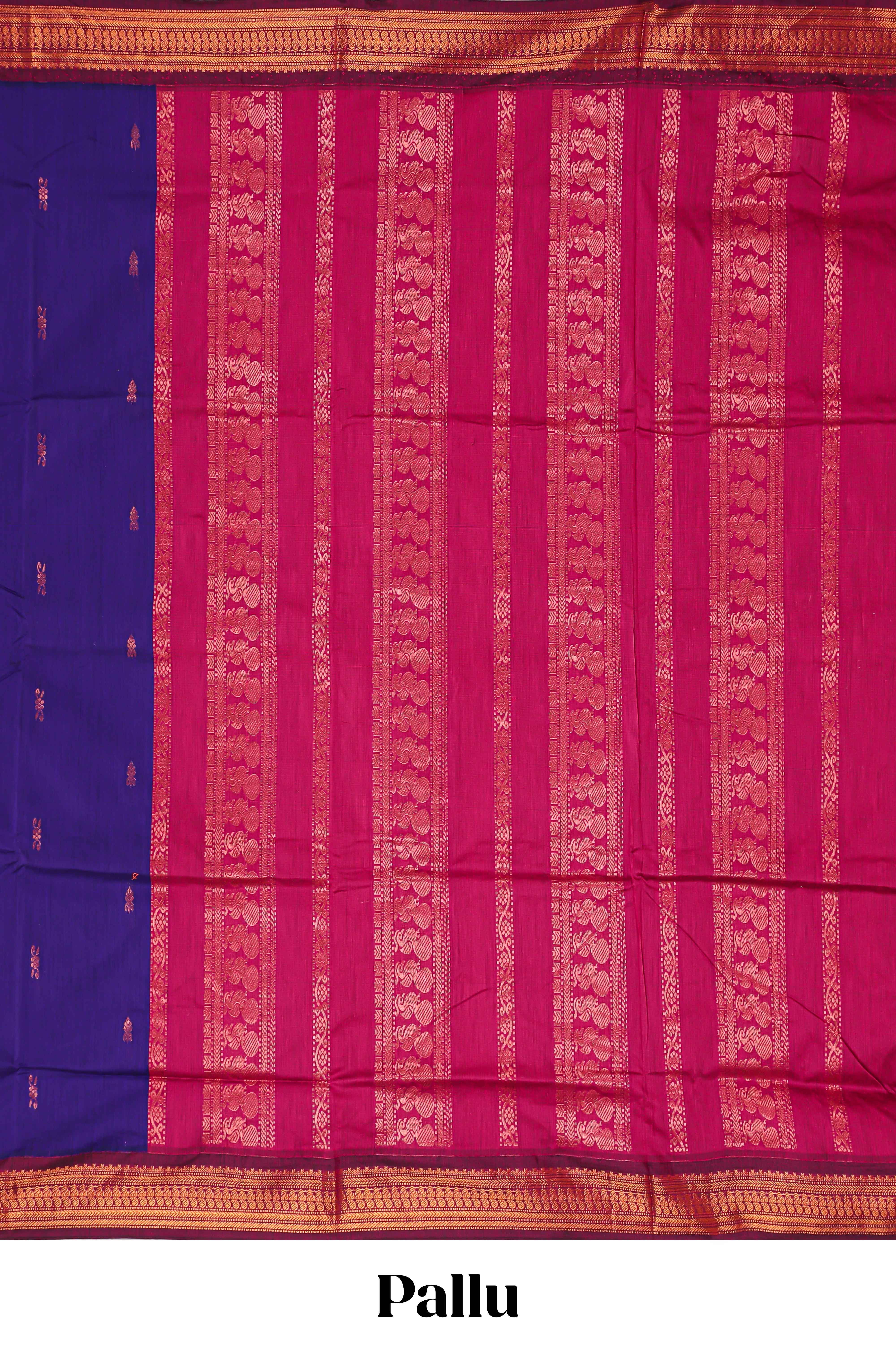 Ink blue designed kalyani cotton saree with contrast border and plain blouse