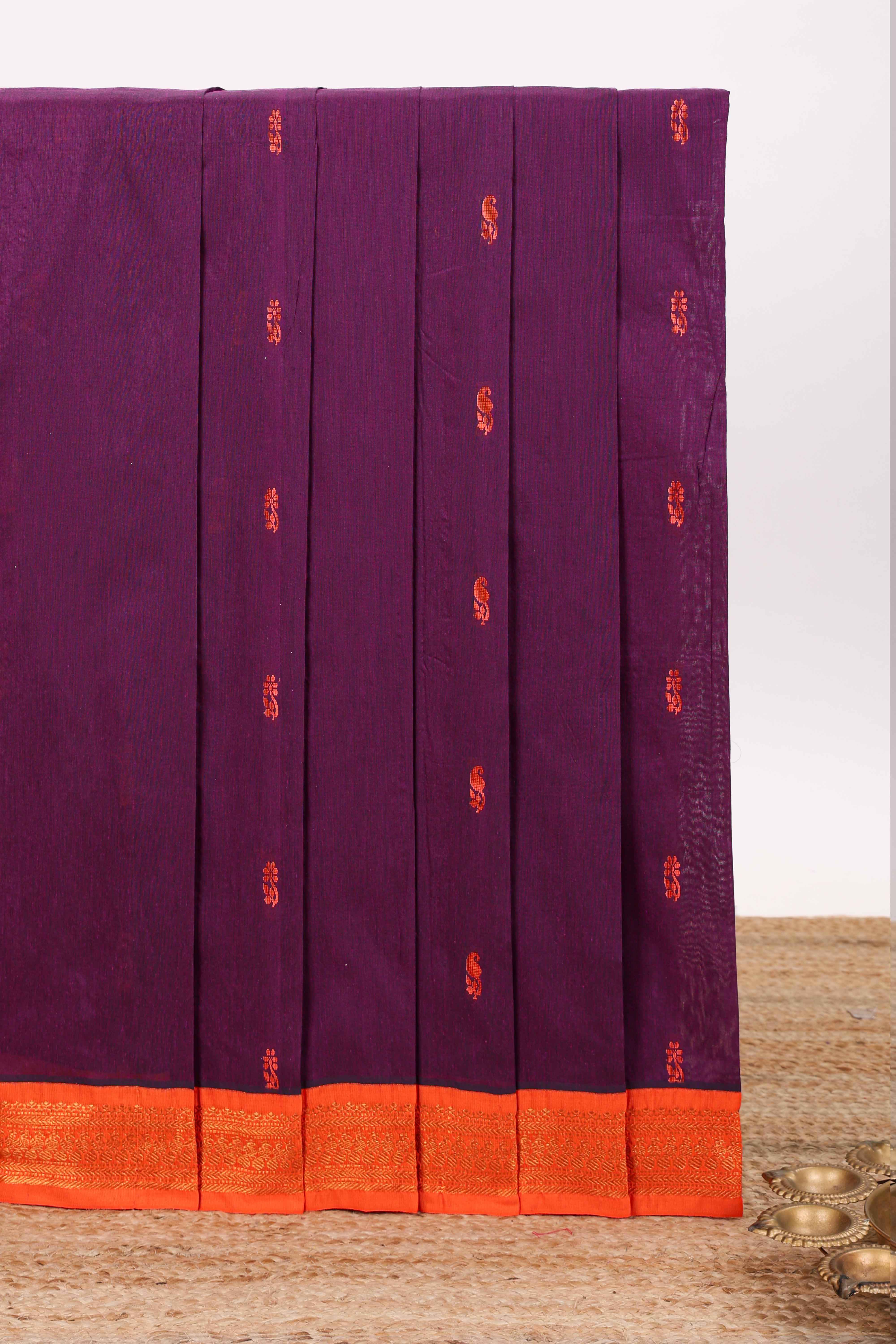 Purple designed kalyani cotton saree with contrast border and plain blouse