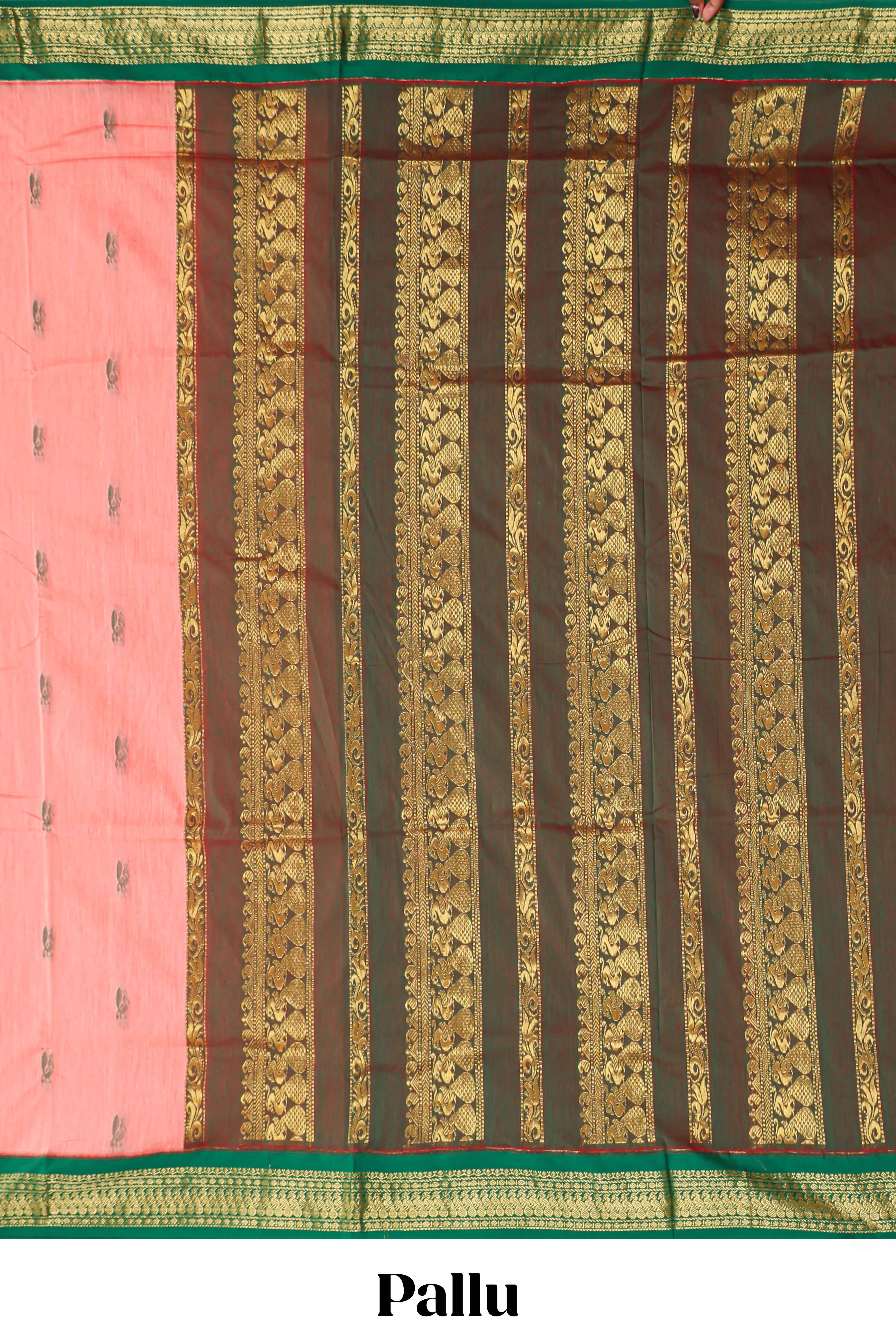 Peach bird motifs design kalyani cotton saree with contrast border and zari striped pallu