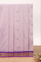Light lavender floral motifs design kalyani cotton saree with contrast border and zari striped pallu