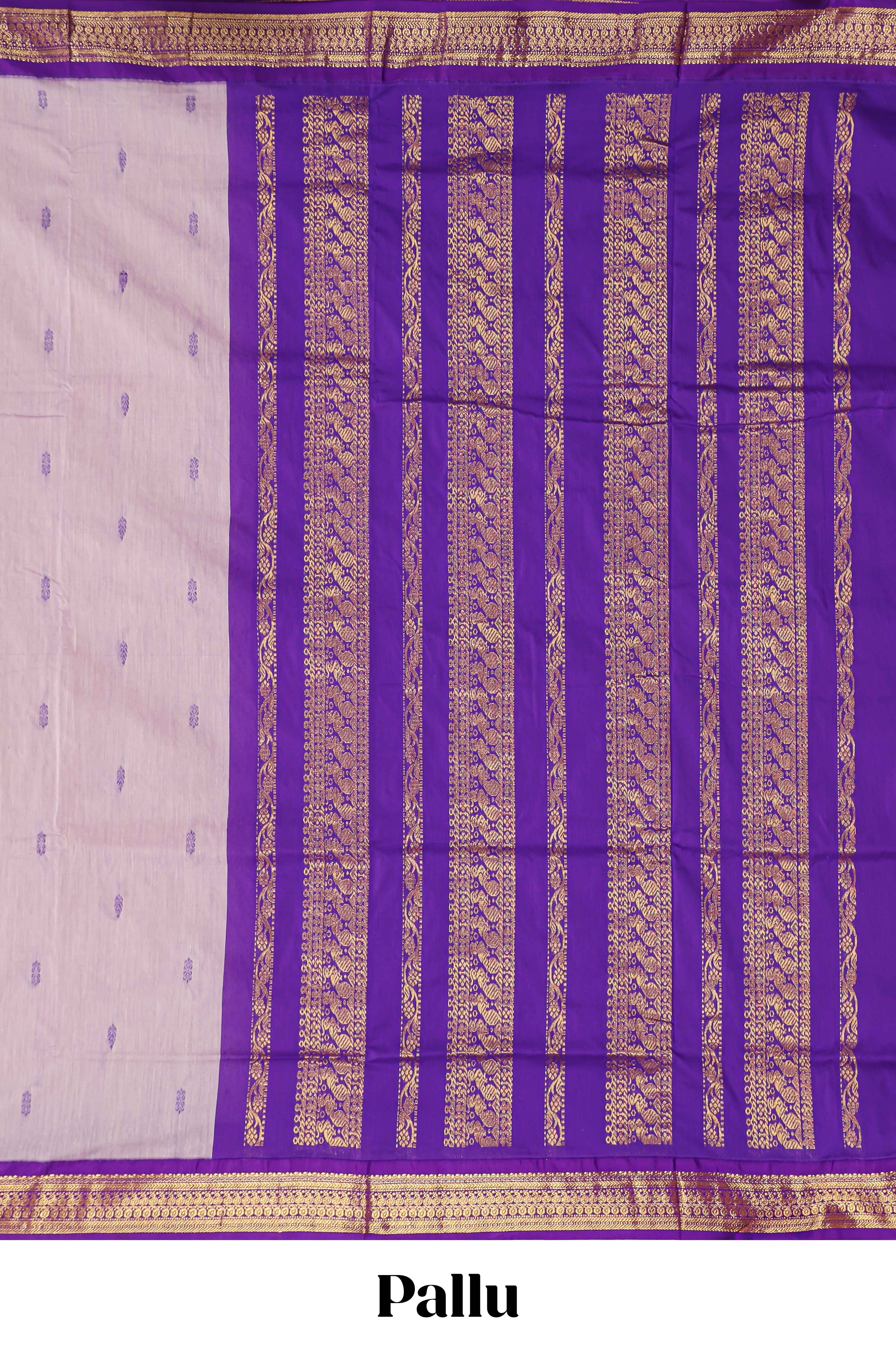 Light lavender floral motifs design kalyani cotton saree with contrast border and zari striped pallu