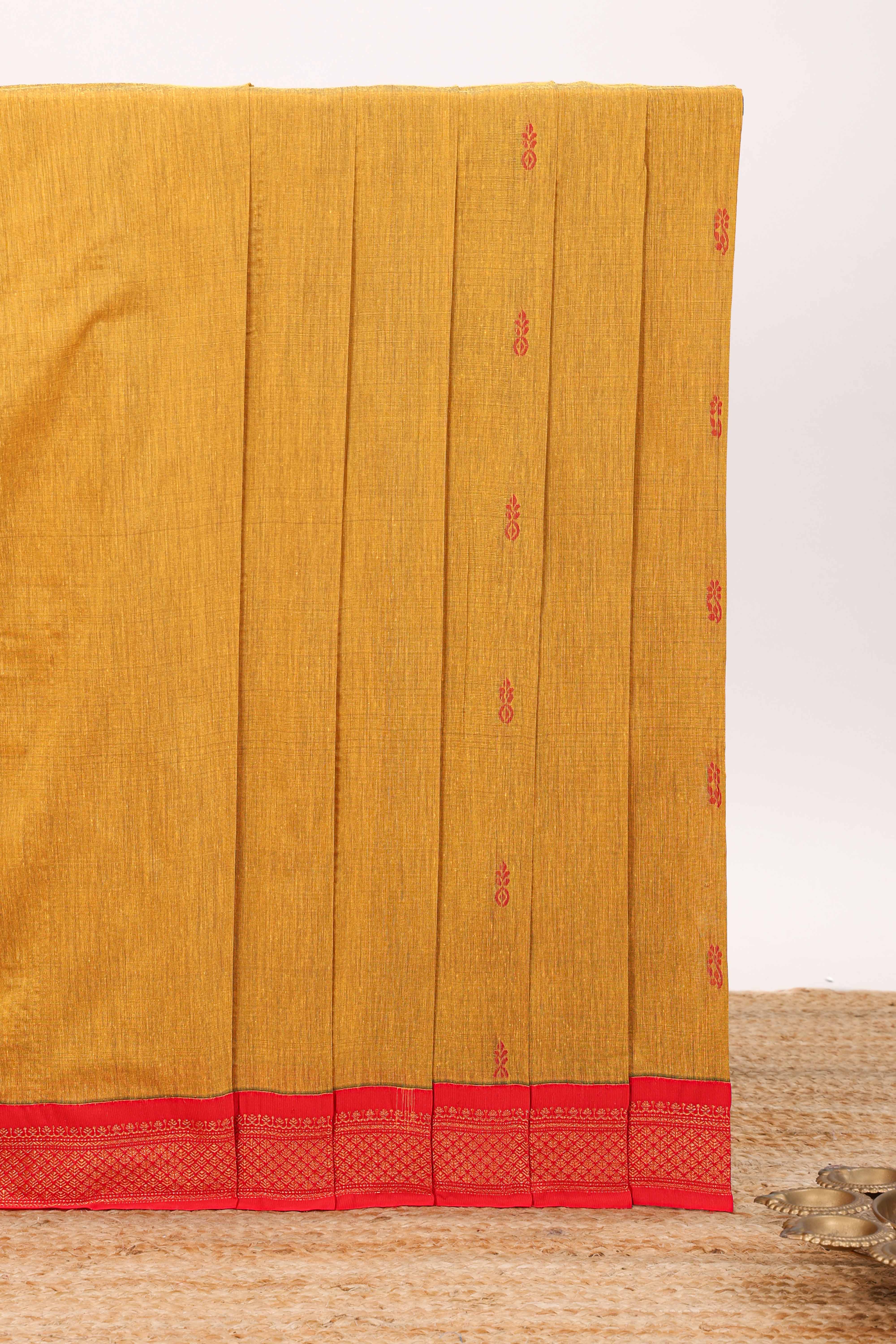 Golden mustard floral motifs design kalyani cotton saree with contrast border and blouse