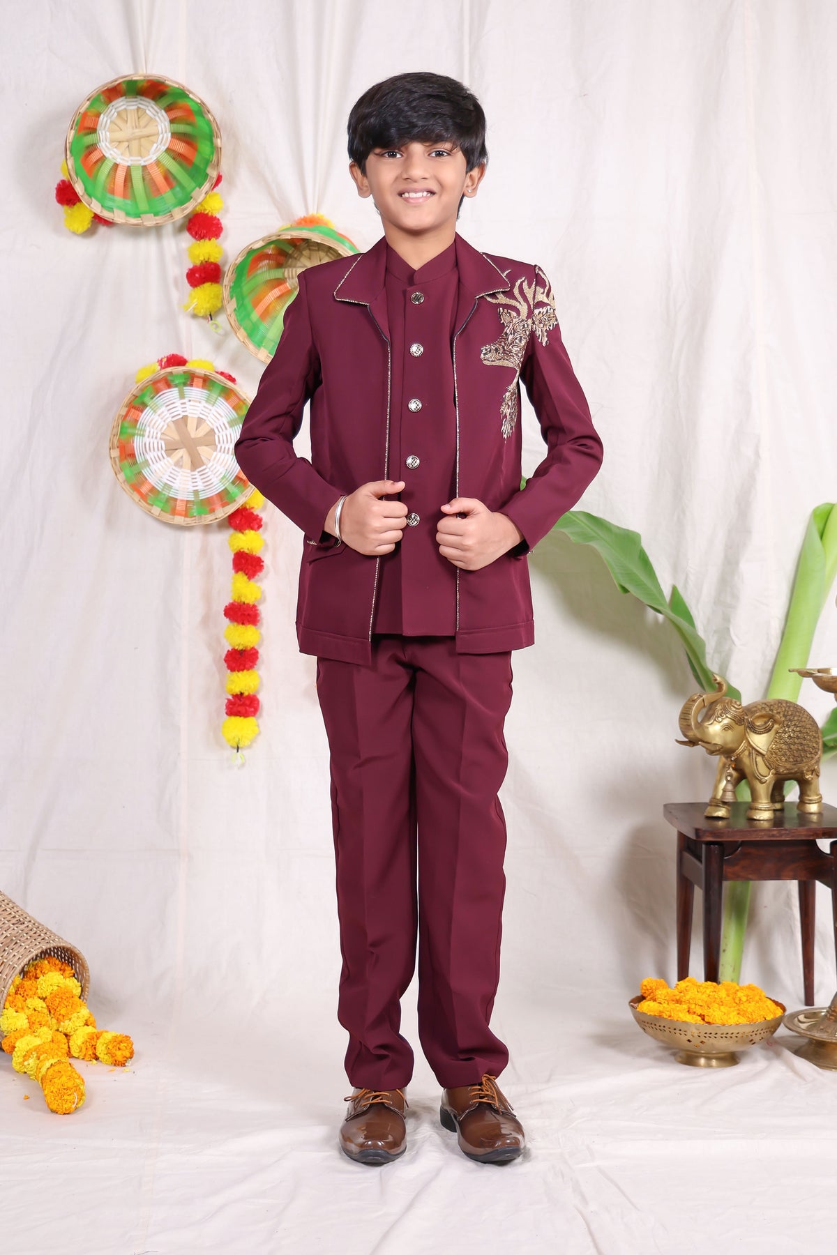 Maroon boys suit set with silver piping and deer shoulder design