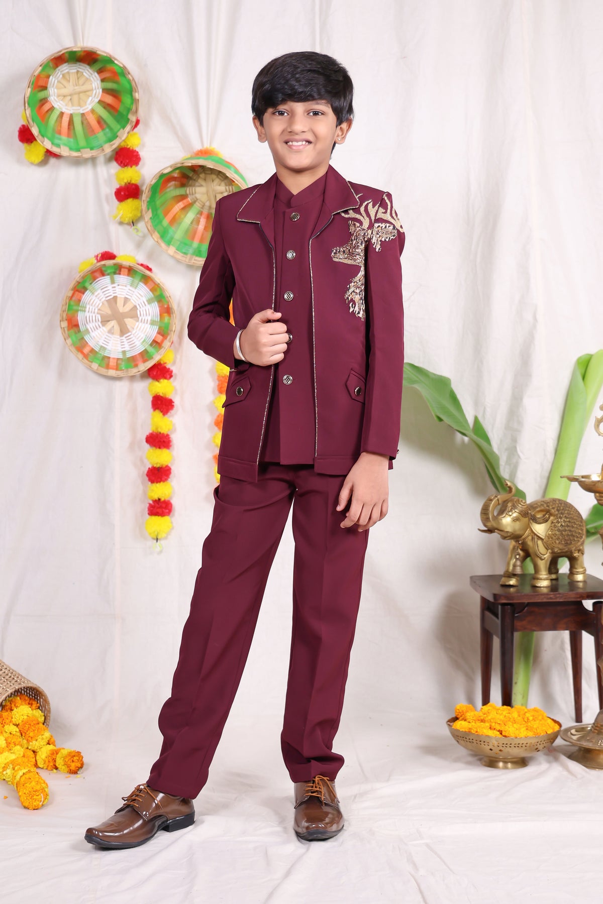 Maroon boys suit set with silver piping and deer shoulder design