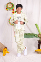 Beige typography printed shirt pant set with graphic t-shirt for boys