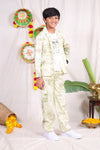 Beige typography printed shirt pant set with graphic t-shirt for boys