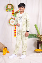 Beige typography printed shirt pant set with graphic t-shirt for boys