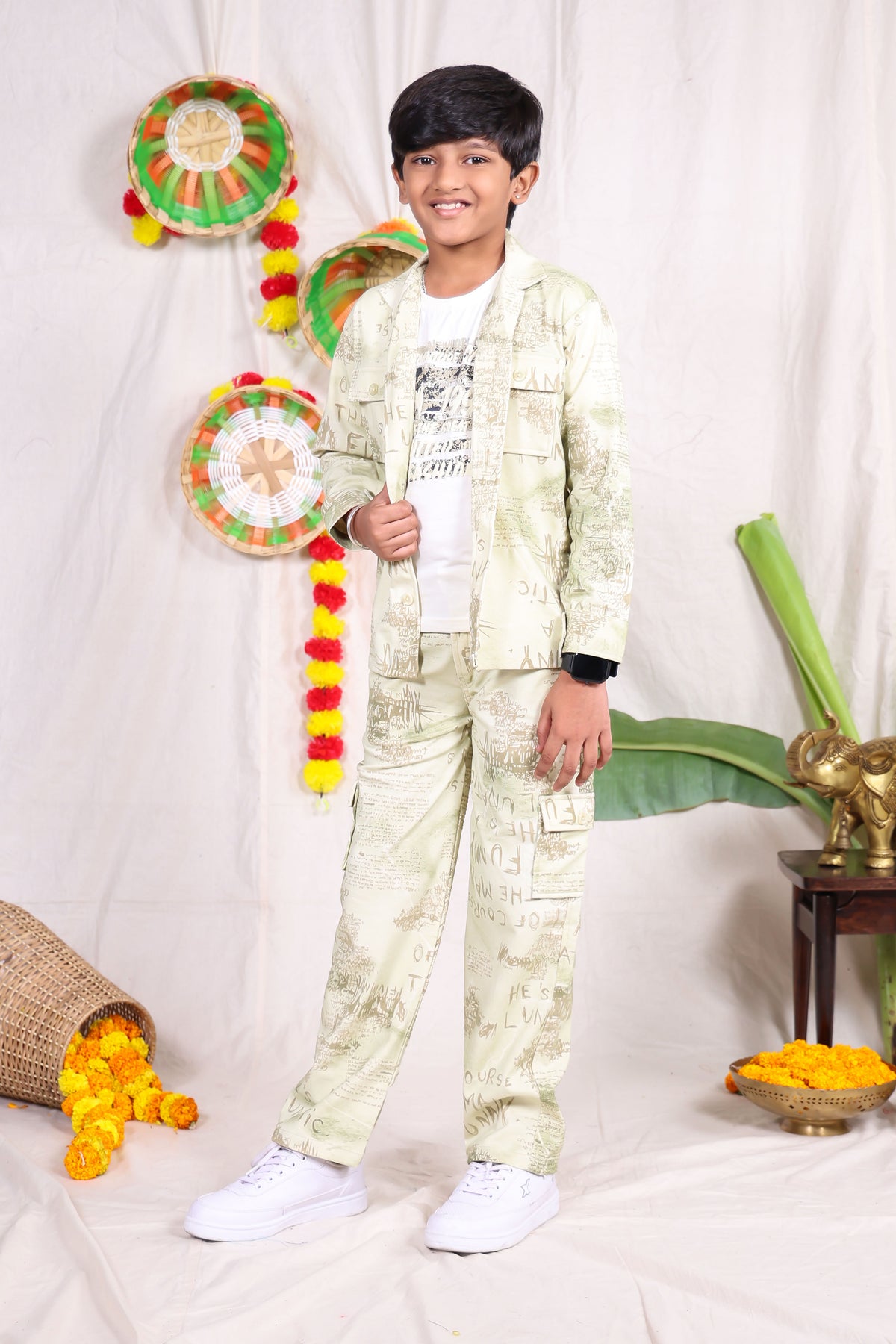 Beige typography printed shirt pant set with graphic t-shirt for boys