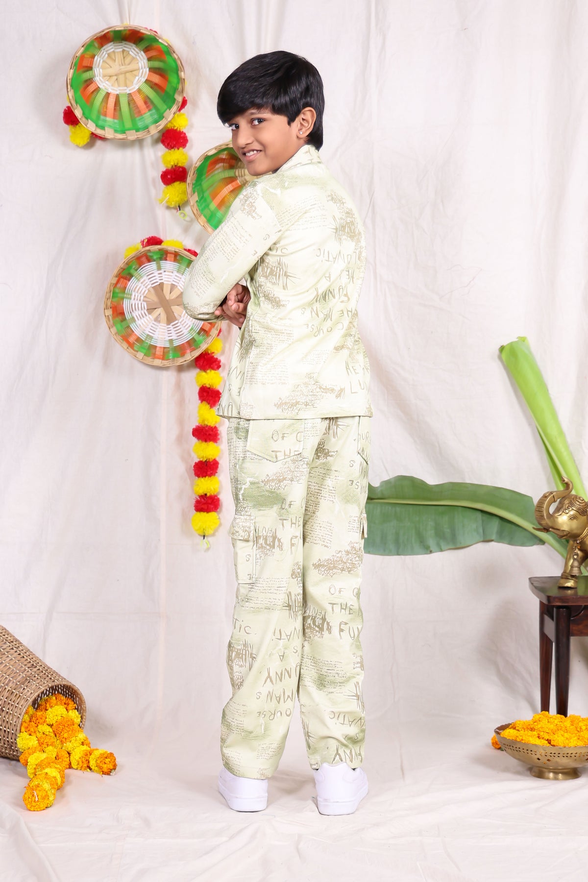 Beige typography printed shirt pant set with graphic t-shirt for boys