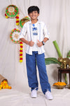 White and blue geometric designed shirt pant set with graphic t-shirt for boys