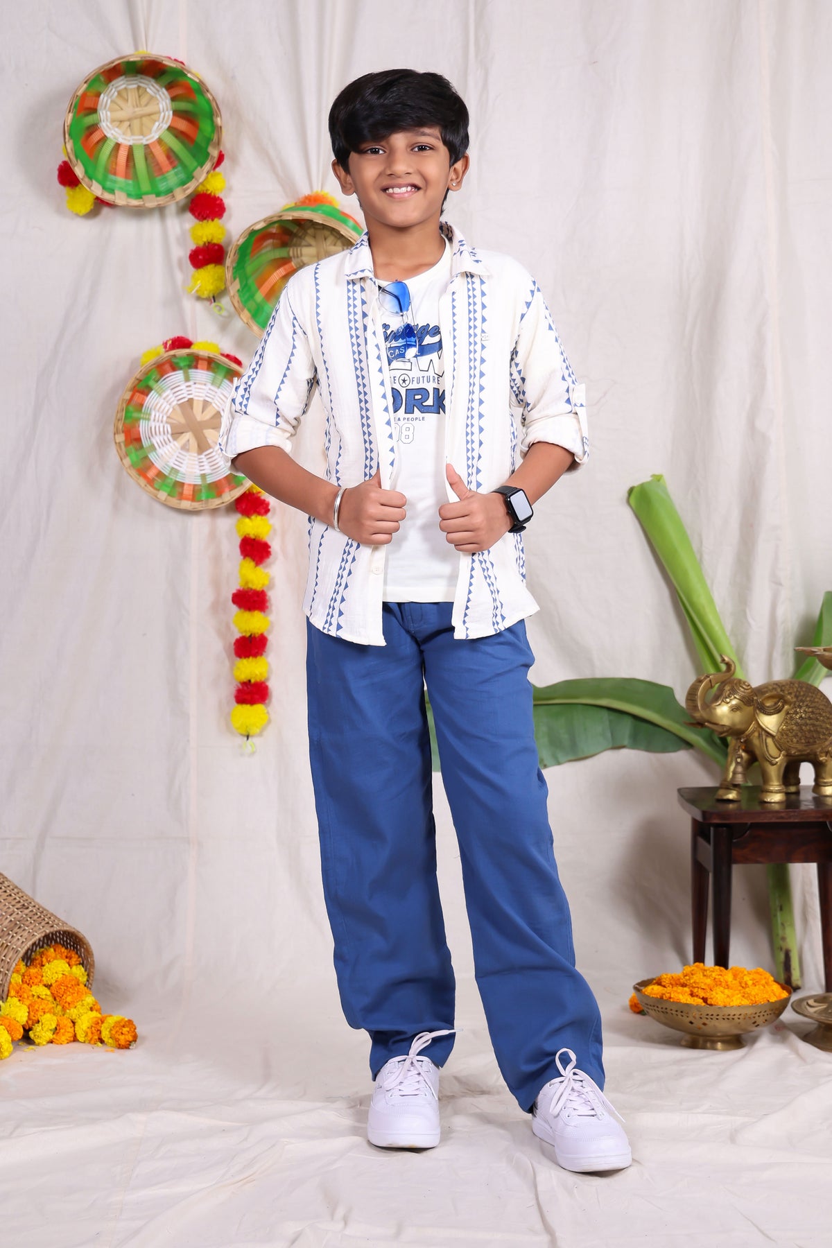 White and blue geometric designed shirt pant set with graphic t-shirt for boys