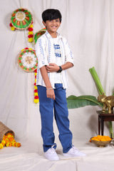 White and blue geometric designed shirt pant set with graphic t-shirt for boys