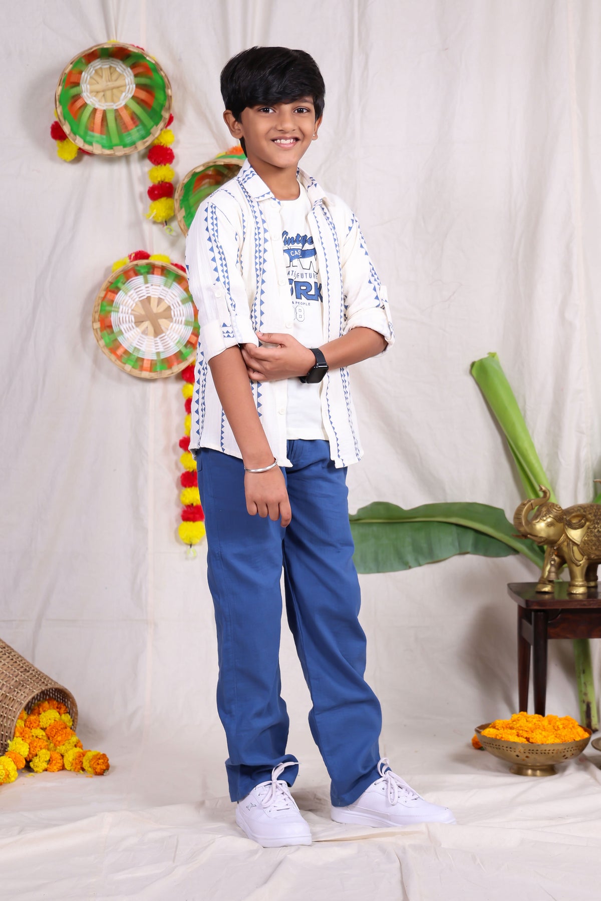 White and blue geometric designed shirt pant set with graphic t-shirt for boys